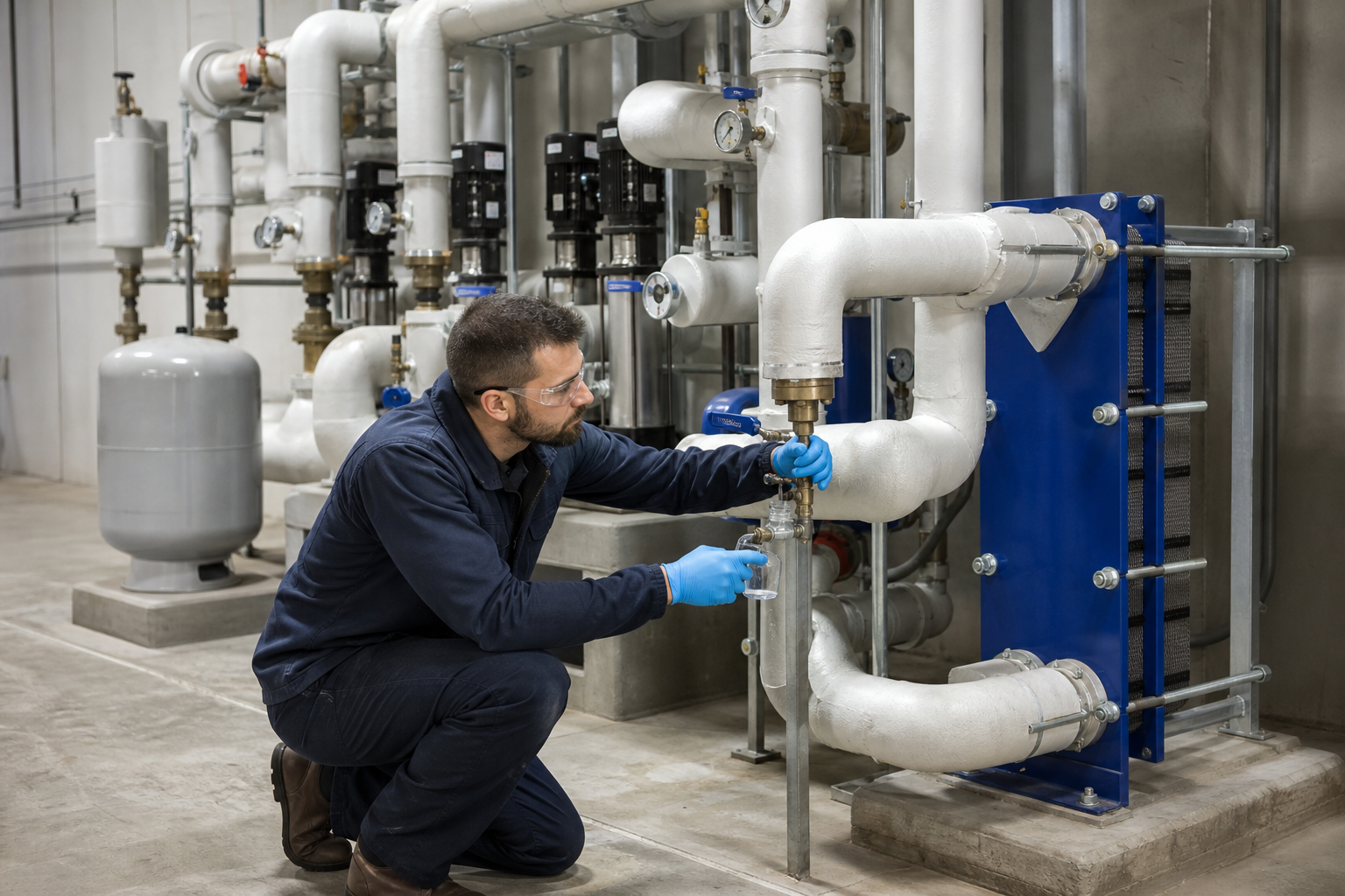 Realistic closed-loop mechanical-room scene for corrosion-inhibitor selection