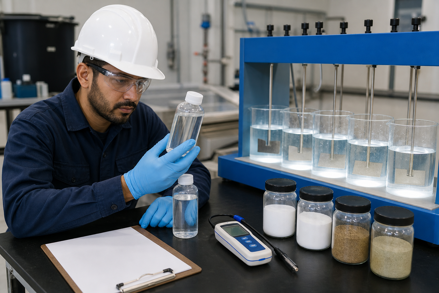 Technician reviewing water samples and an unbranded coagulant jar-test bench