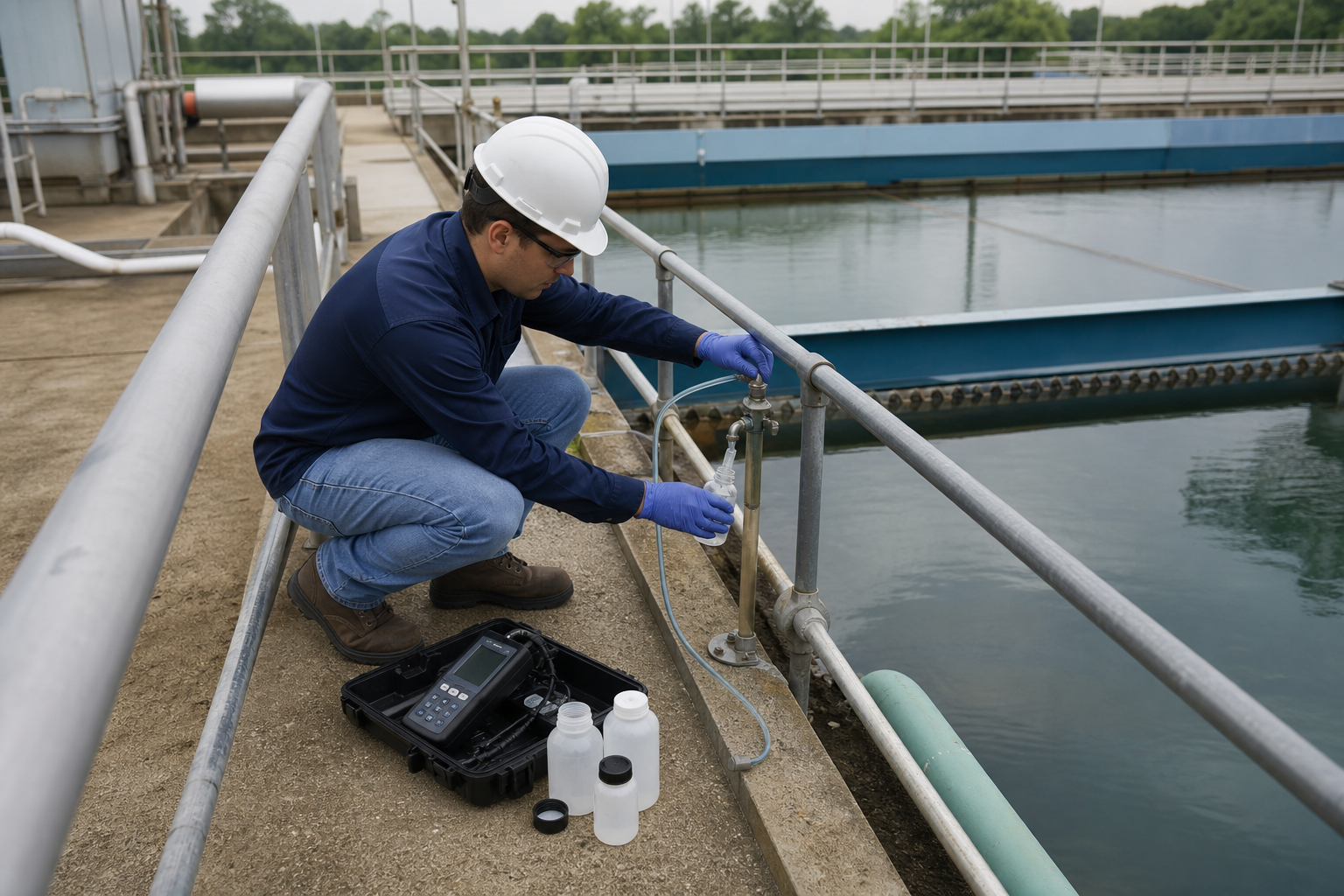 Generic water-treatment operator collecting a clarifier sample