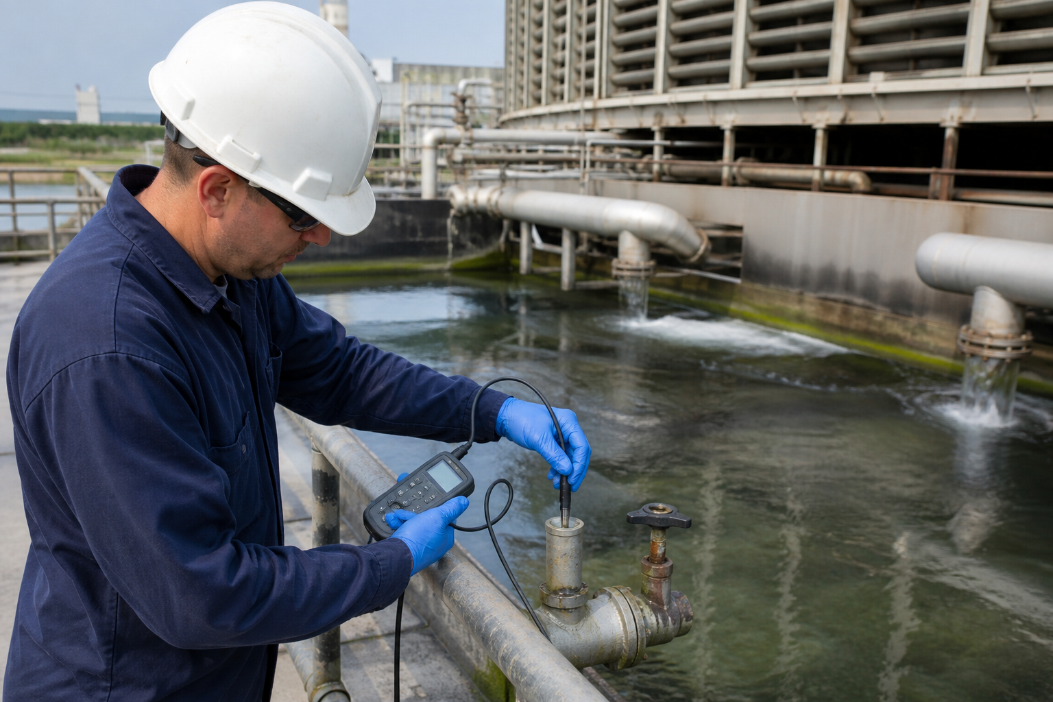 Cooling Tower Chemical Program KPI Dashboard: Cycles, Blowdown & Deposit Signals — realistic cooling-water editorial scene