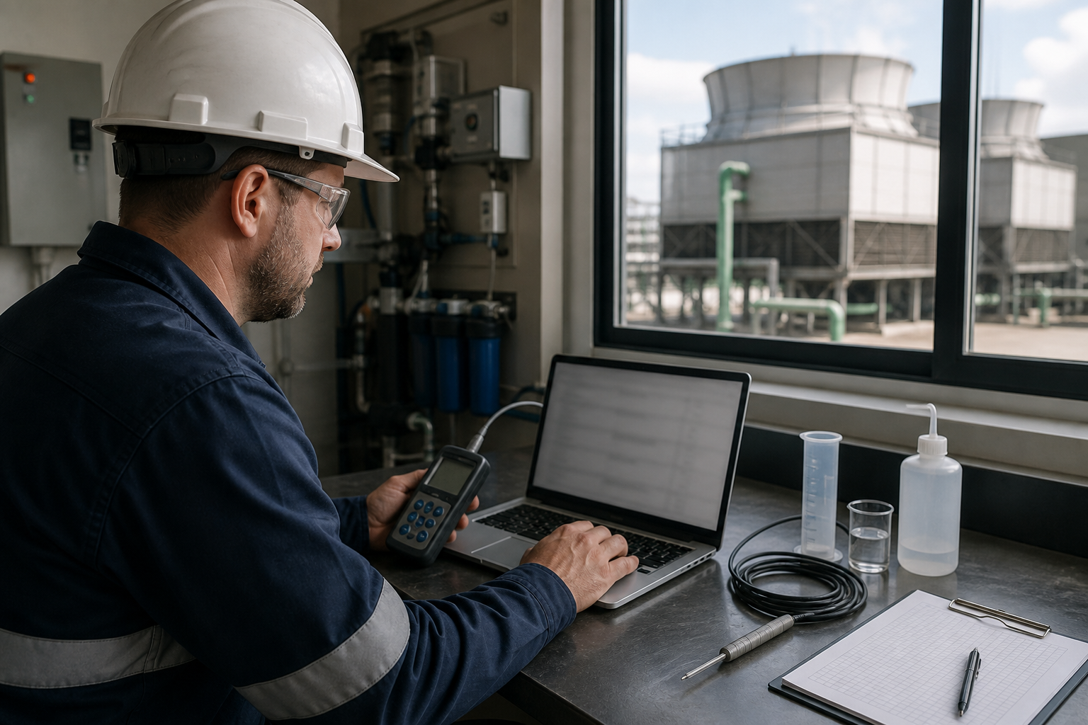 Realistic cooling-tower KPI review scene