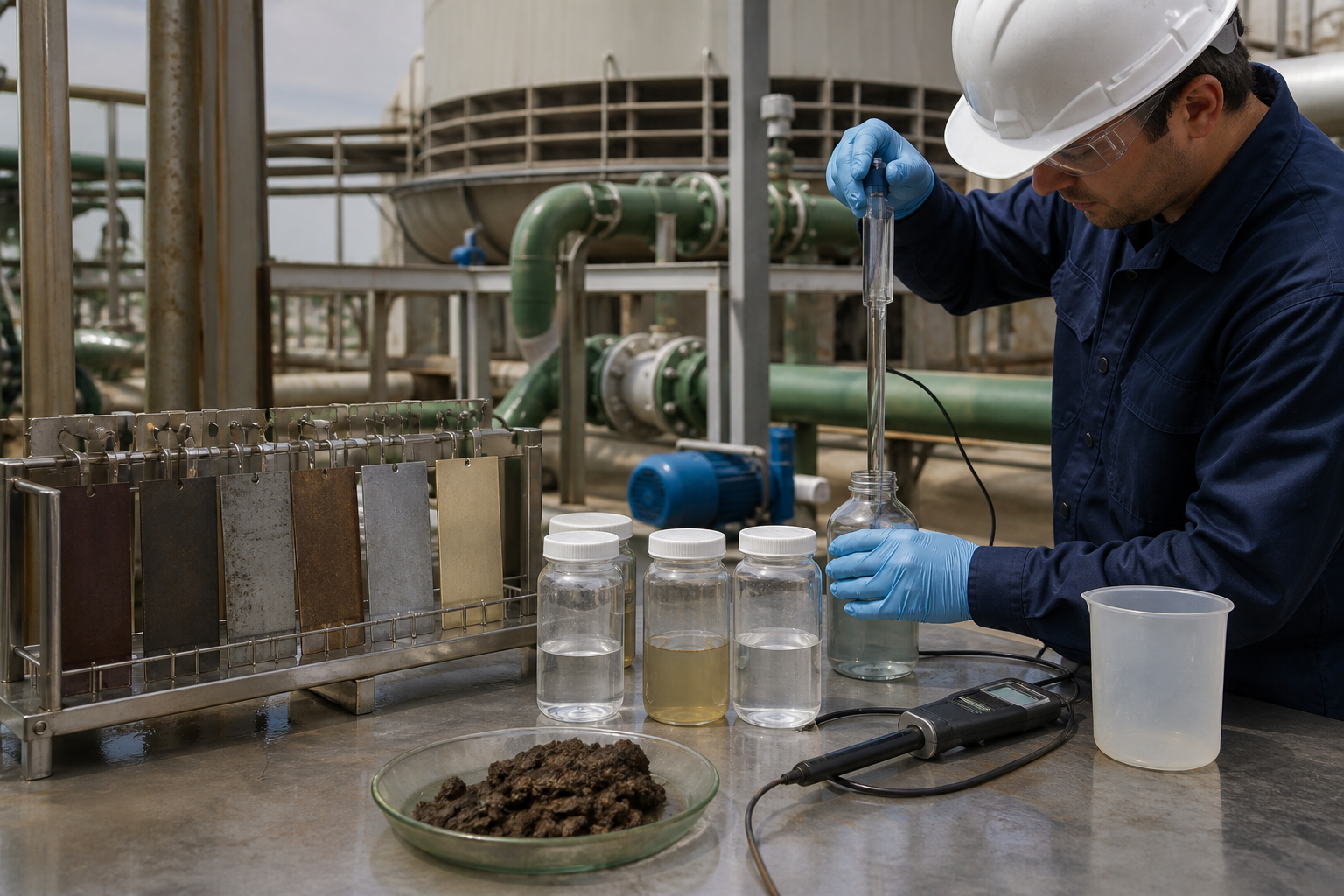 Realistic cooling-tower sample, coupon and deposit-analysis scene