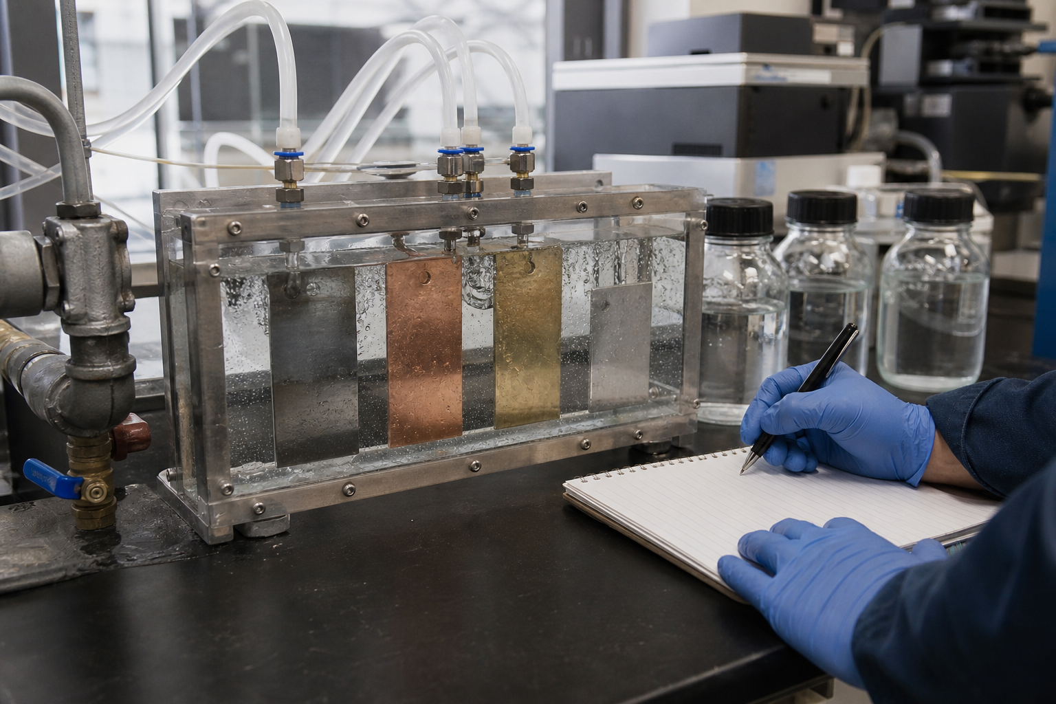 Realistic corrosion-coupon and metallurgy test bench