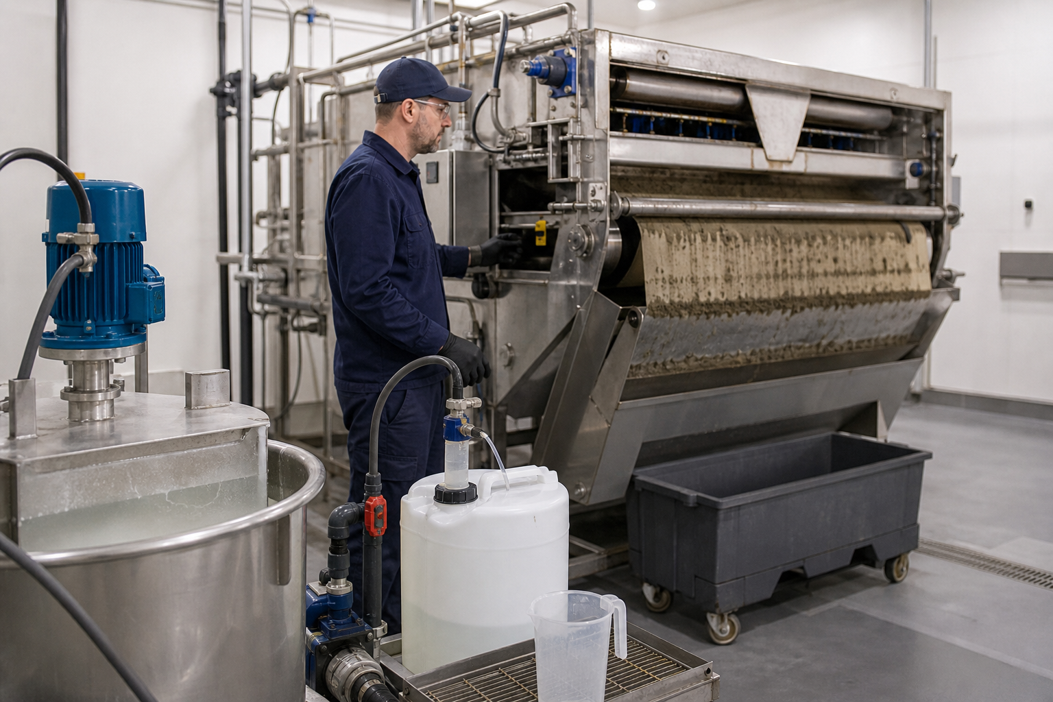 Dewatering PAM: Belt Press vs Centrifuge vs Screw Press — realistic editorial scene