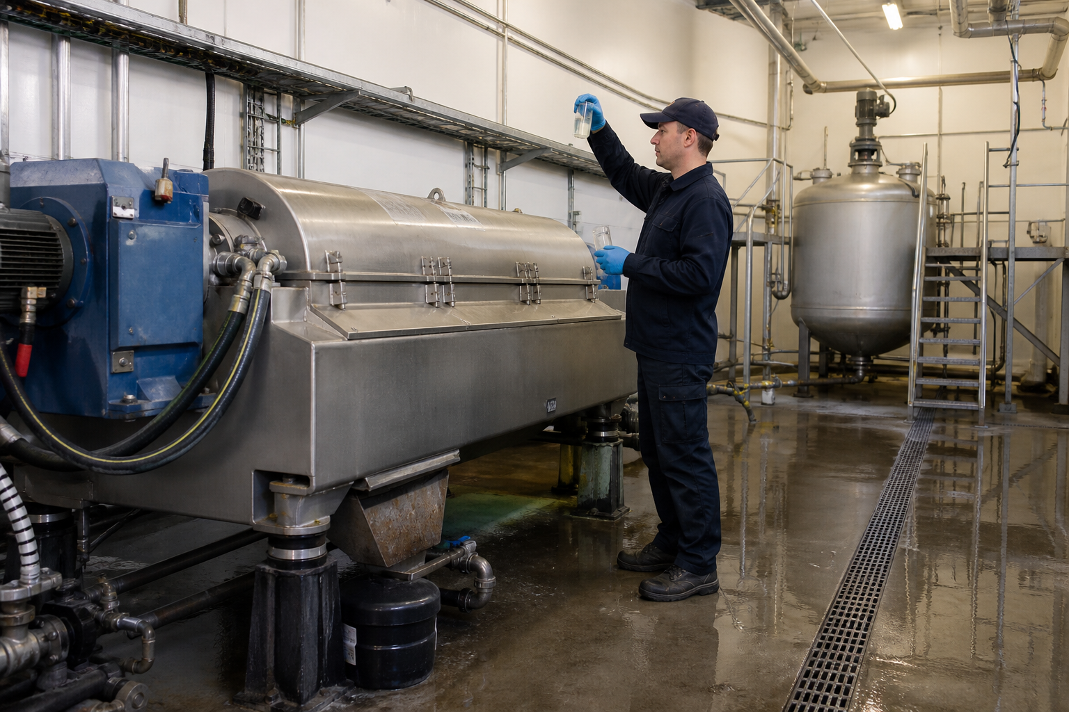 Generic operator taking a centrate sample near an unbranded decanter centrifuge
