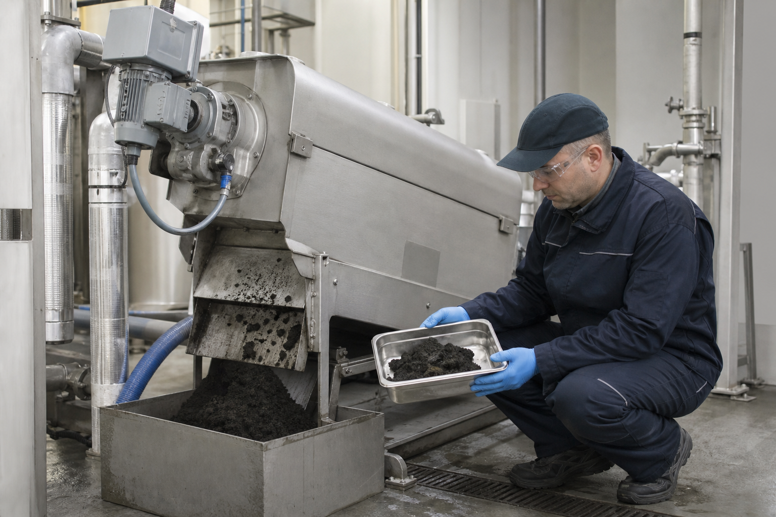 Generic operator inspecting dewatered sludge cake near a screw press