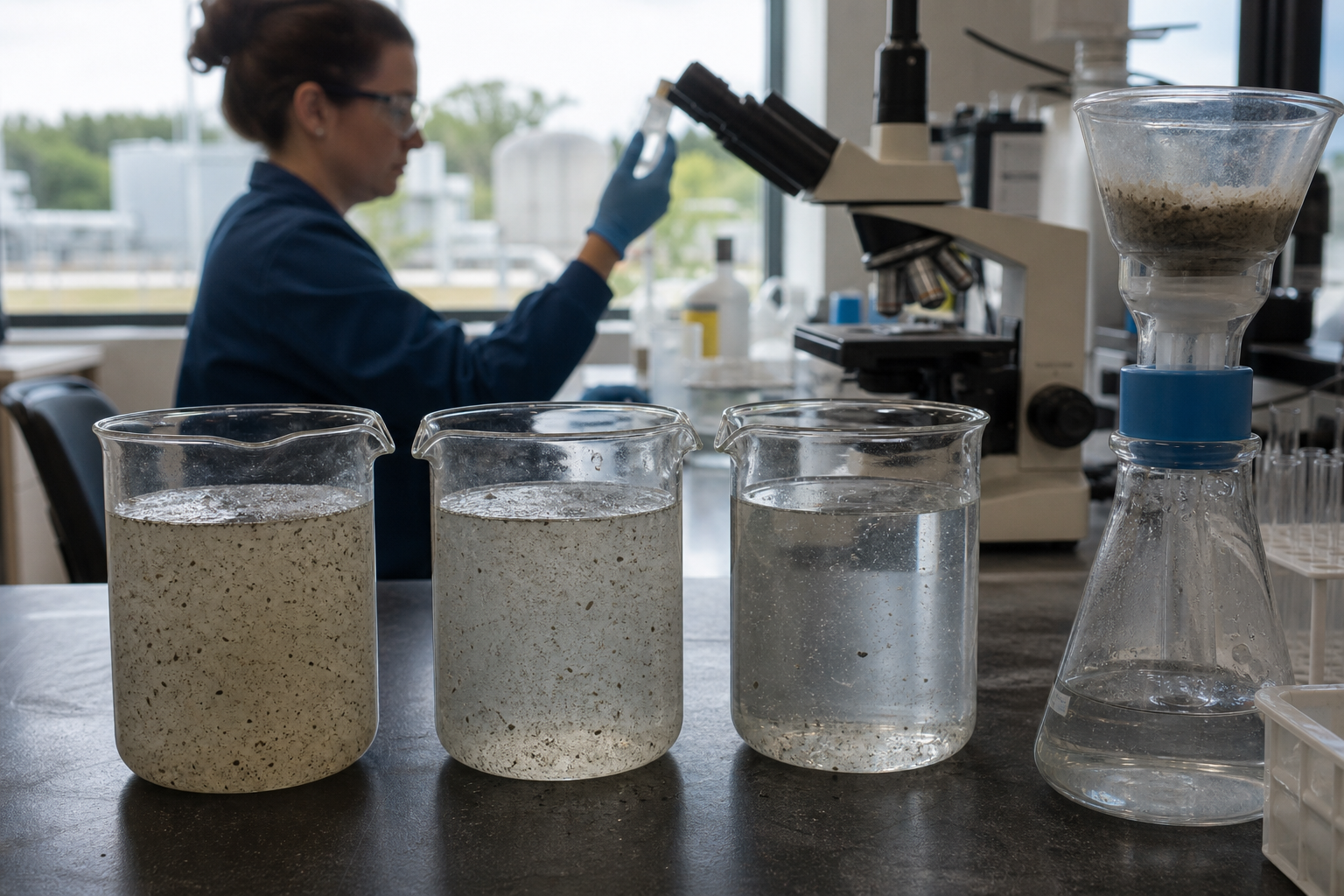 Eliminación de microplásticos con coagulación: escena realista de laboratorio de tratamiento de agua