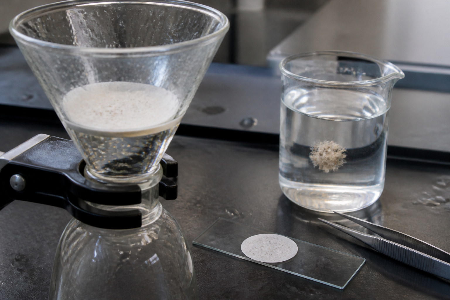 Escena detallada de filtración y microscopía realista para verificar la captura de microplásticos después de la coagulación.