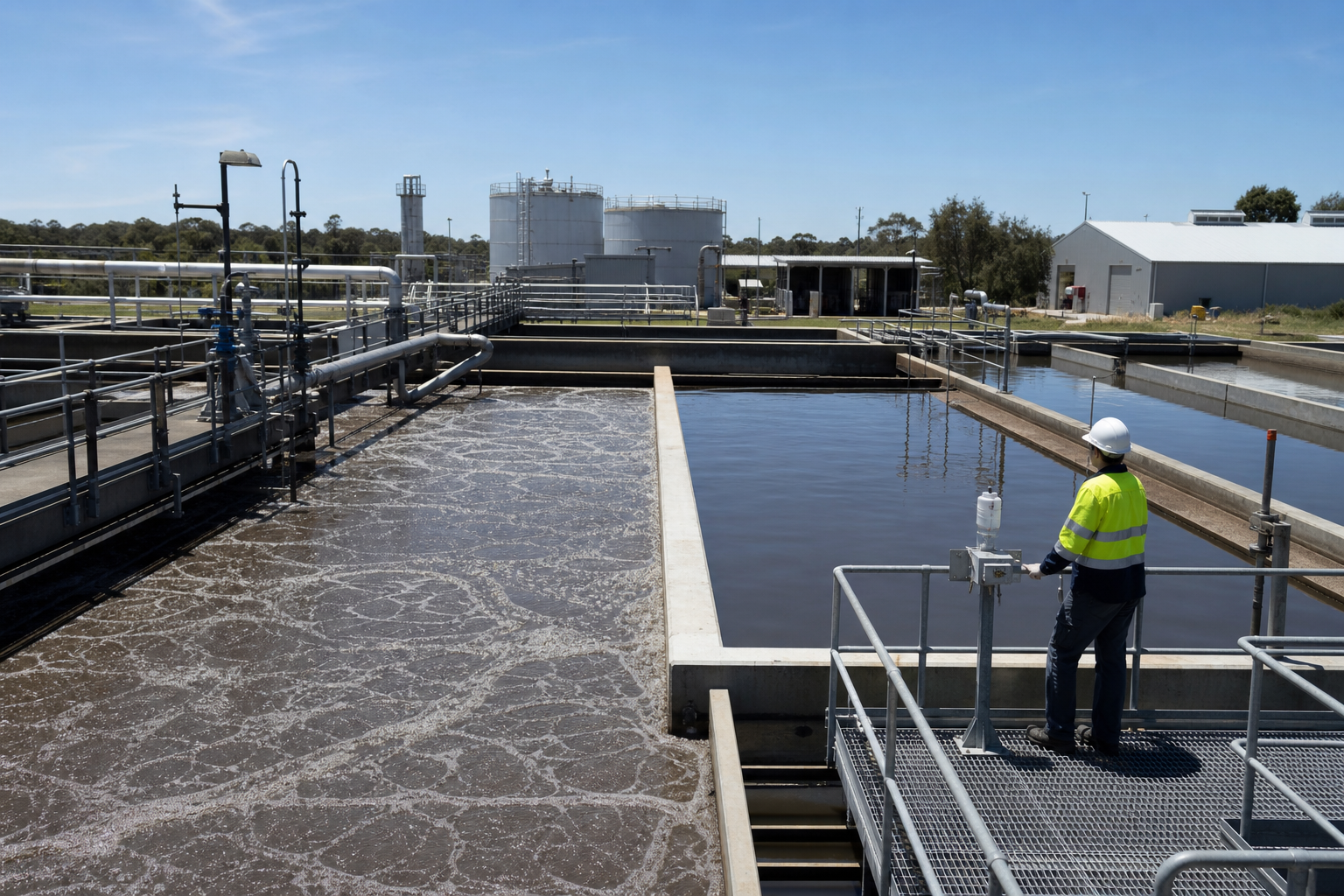 Escena realista de una planta de tratamiento de aguas residuales que ilustra la coagulación y floculación antes de la clarificación o filtración.