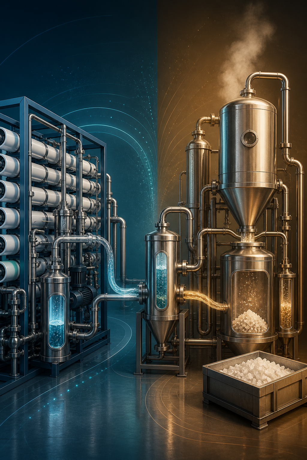 Minimal Liquid Discharge (MLD) vs ZLD — ilustrasi pengolahan air konseptual