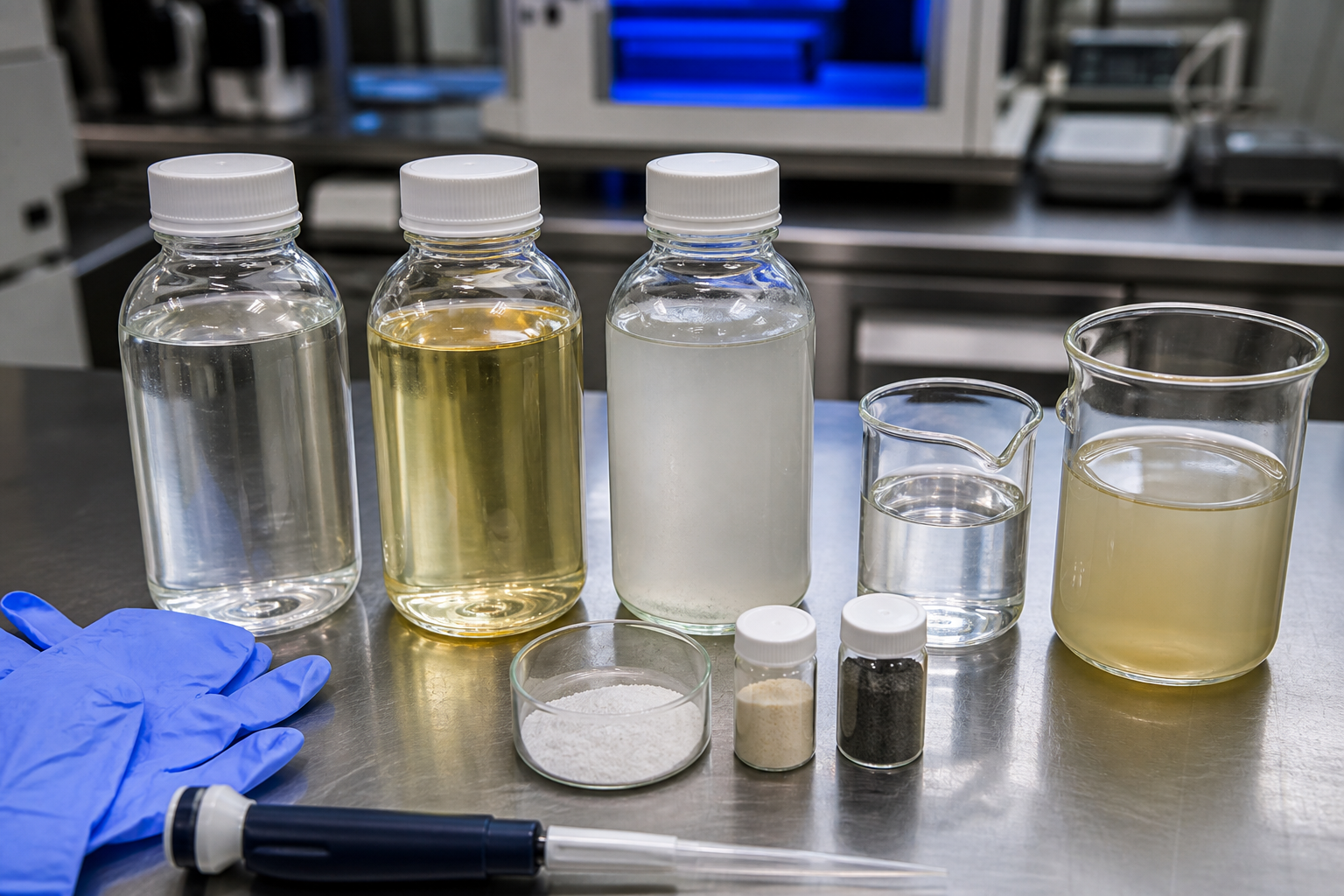 Escena realista de una muestra de laboratorio que ilustra la detección de coagulantes para un estudio previo al tratamiento con PFAS