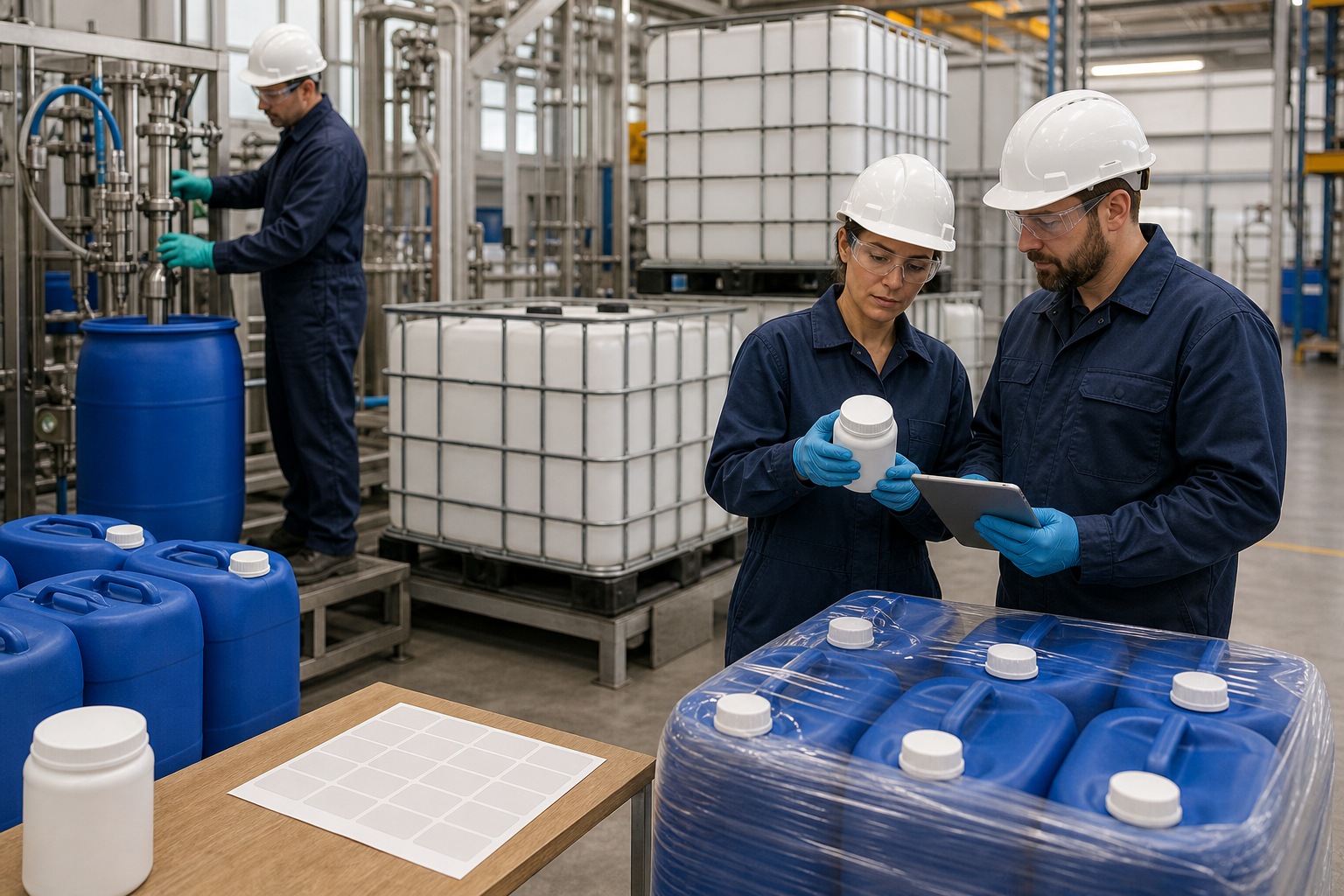 Realistic water-treatment chemical packaging and batch-release scene for a private-label workflow