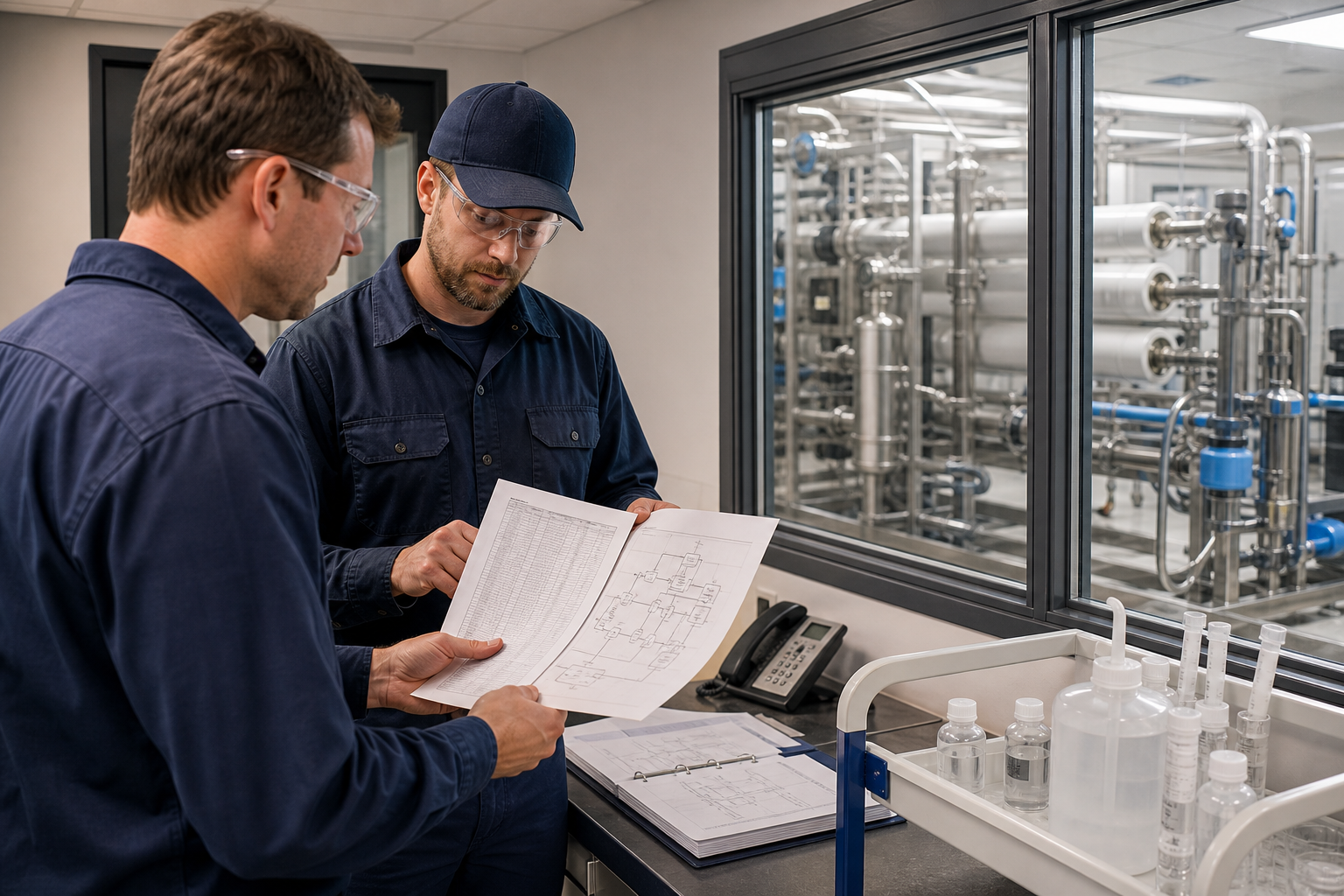 Water-treatment engineers reviewing RO trial data next to a membrane skid