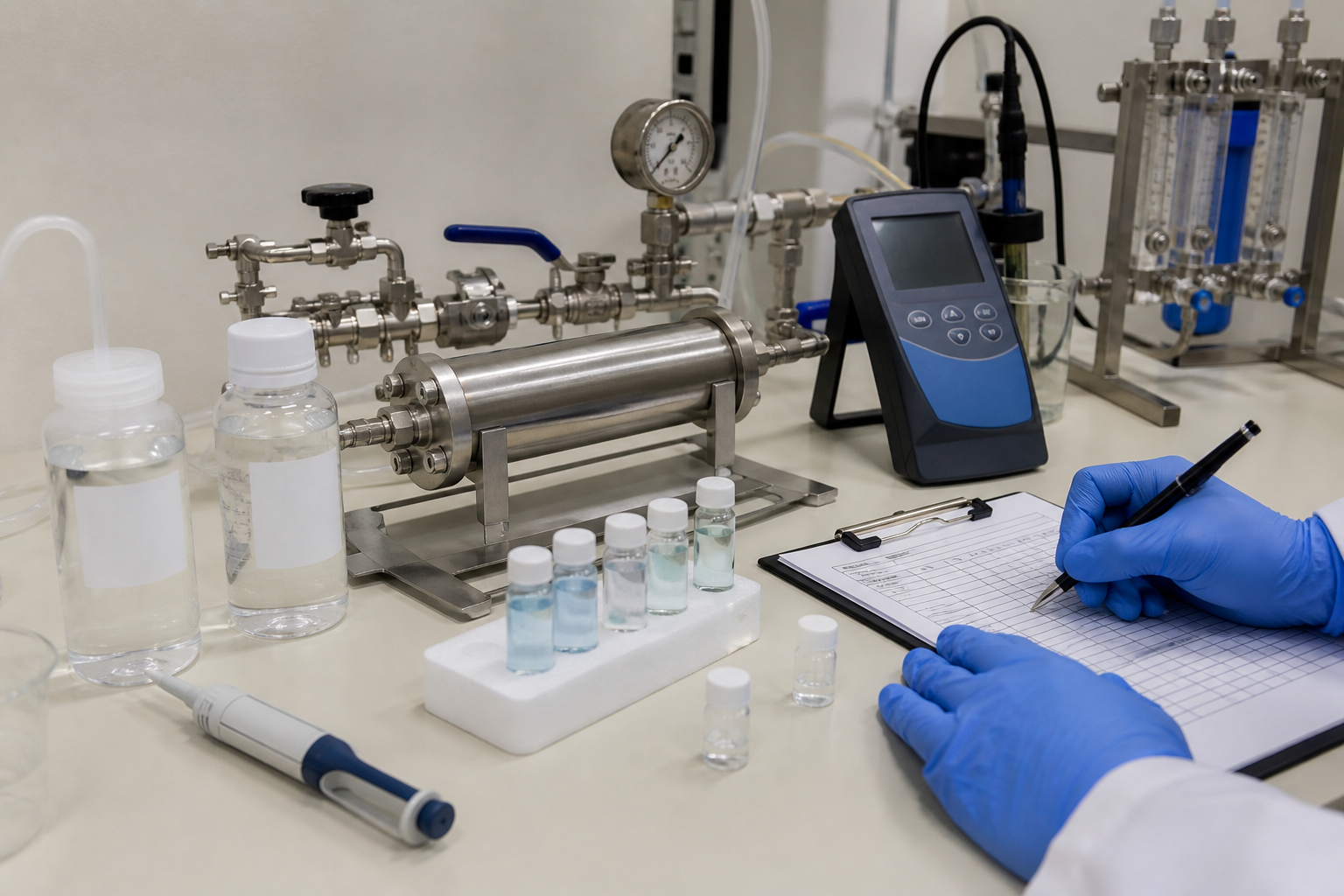 RO antiscalant trial bench with membrane test housing and water samples