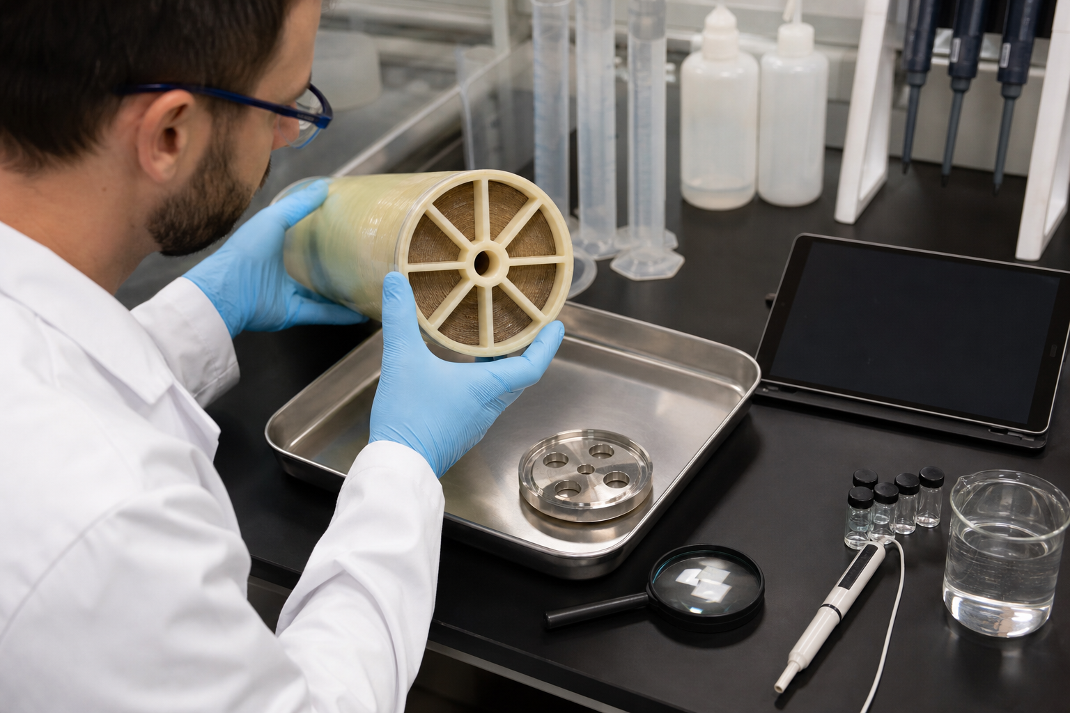 Technician examining a reverse osmosis membrane element on a diagnostic bench