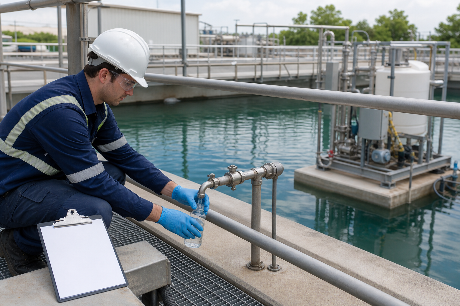 Realistic water-treatment sampling scene for a quote-ready supplier data package