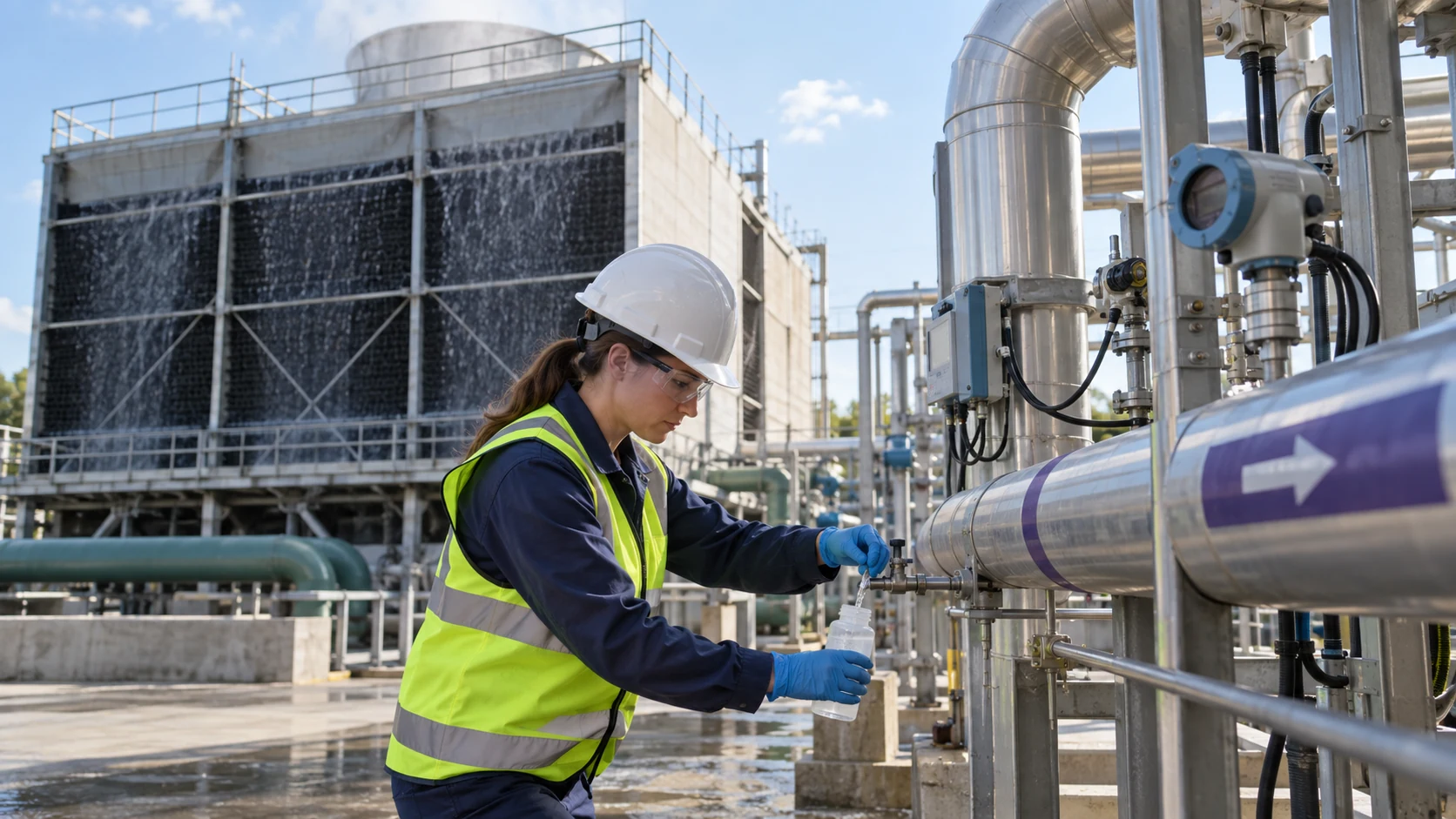 Engineer sampling reclaimed makeup water beside an industrial cooling tower
