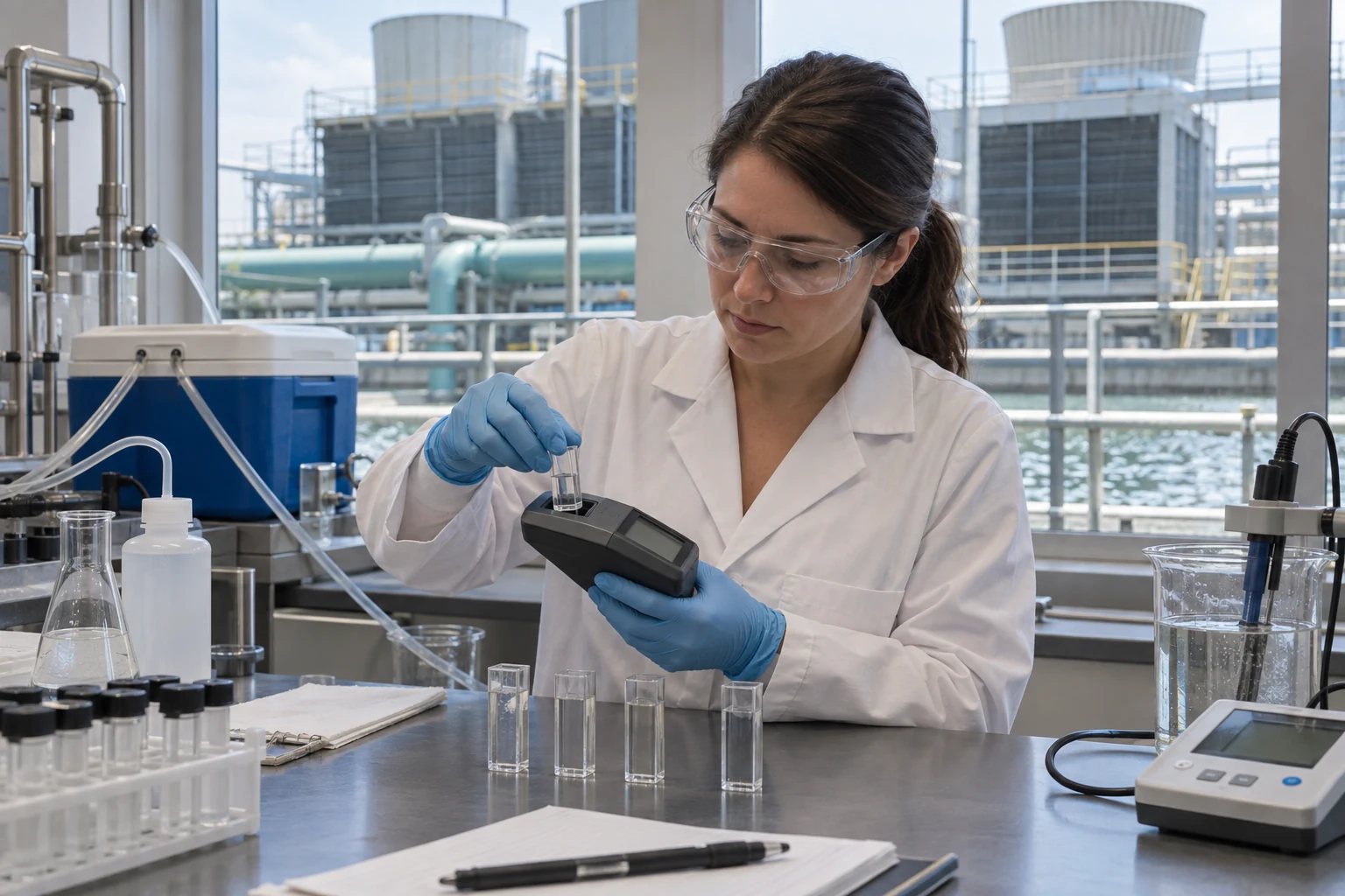 Water chemist comparing reclaimed makeup and cooling-water samples with a colorimeter