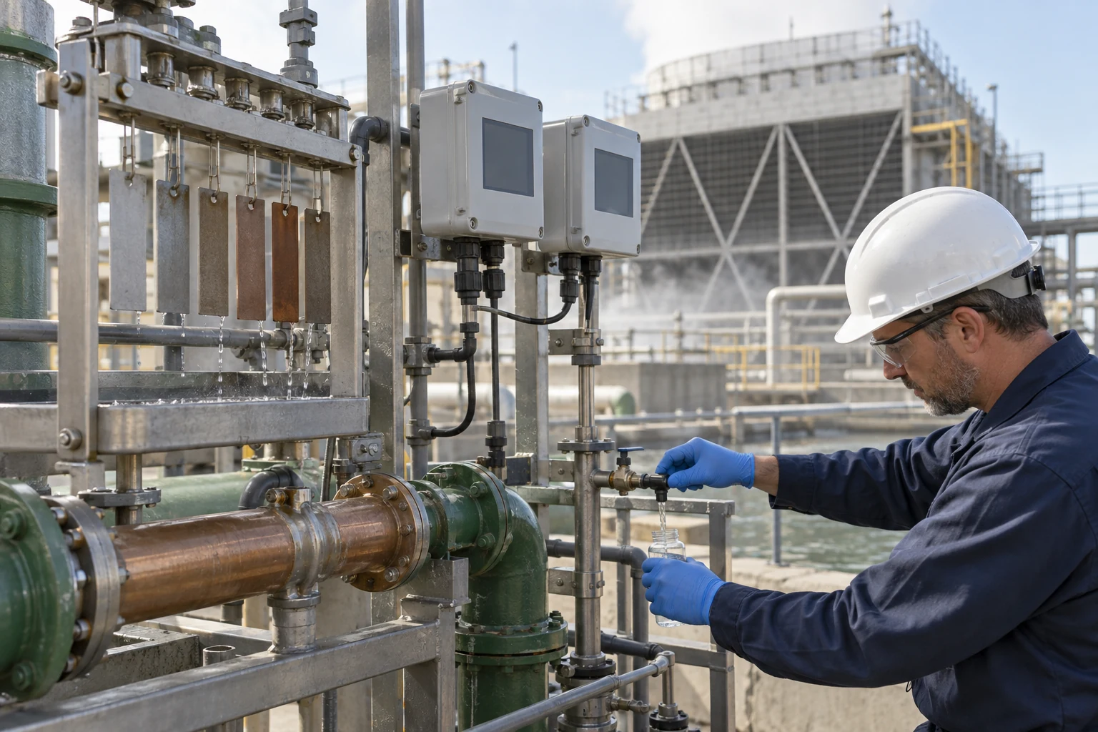 Cooling-water corrosion coupon rack and analyzer station beside copper-alloy piping