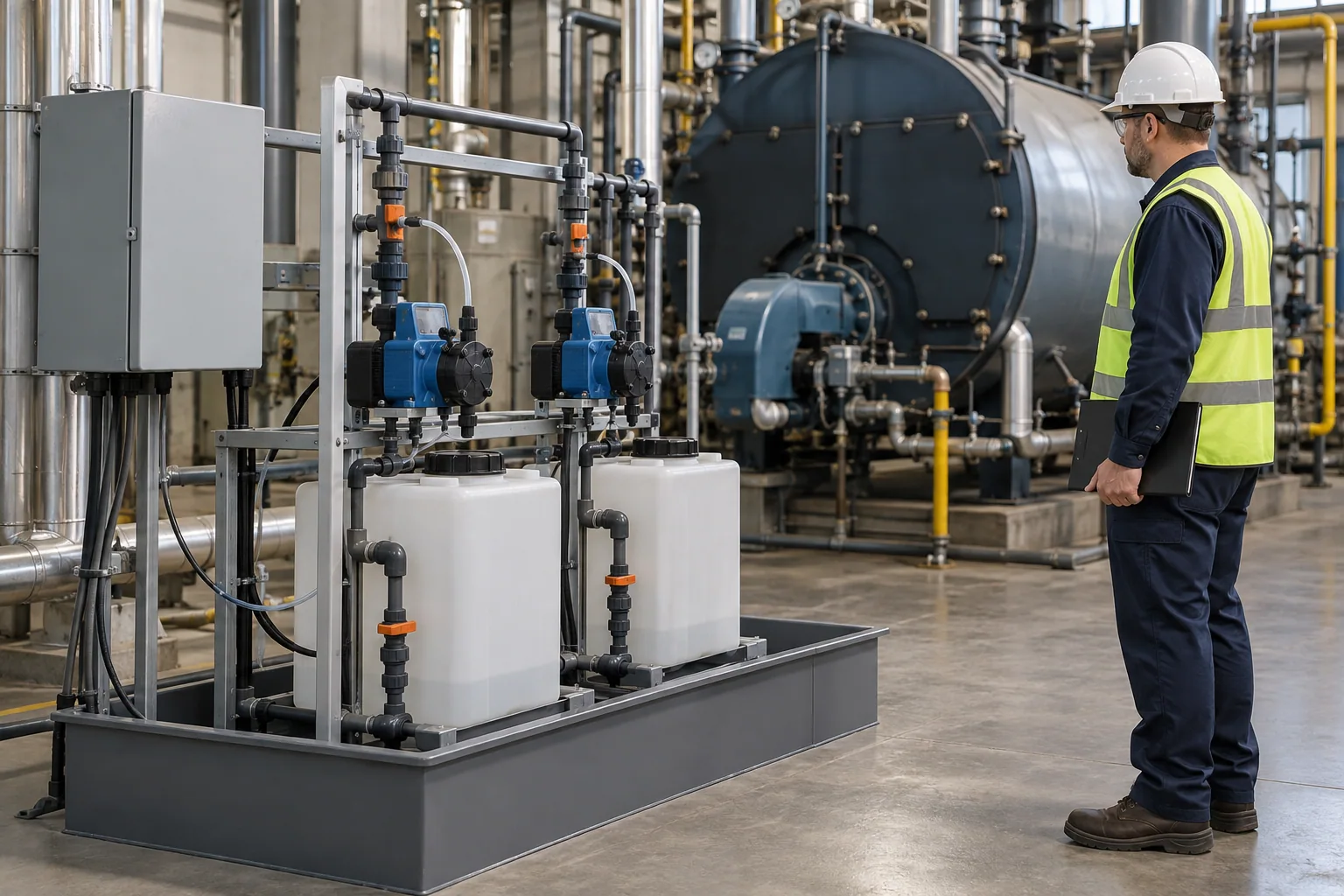 Editorial illustration of metering pumps and containment at a boiler chemical feed station