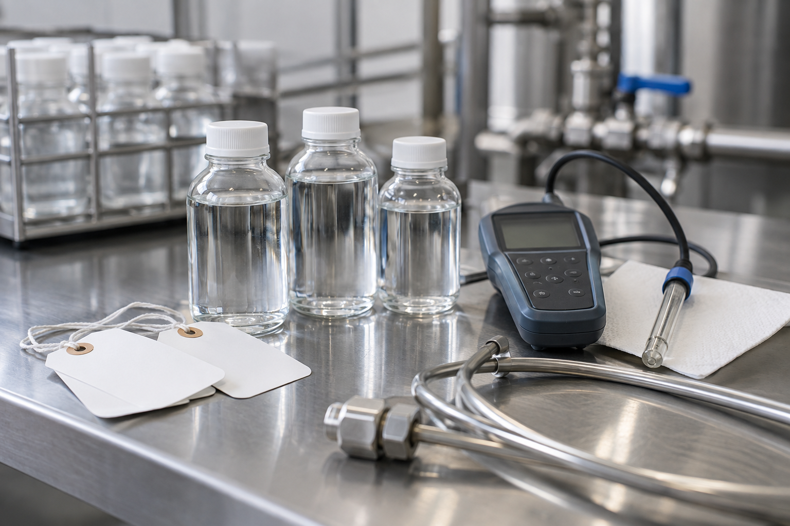 Generic condensate sample bottles and pH probe on an unbranded laboratory bench