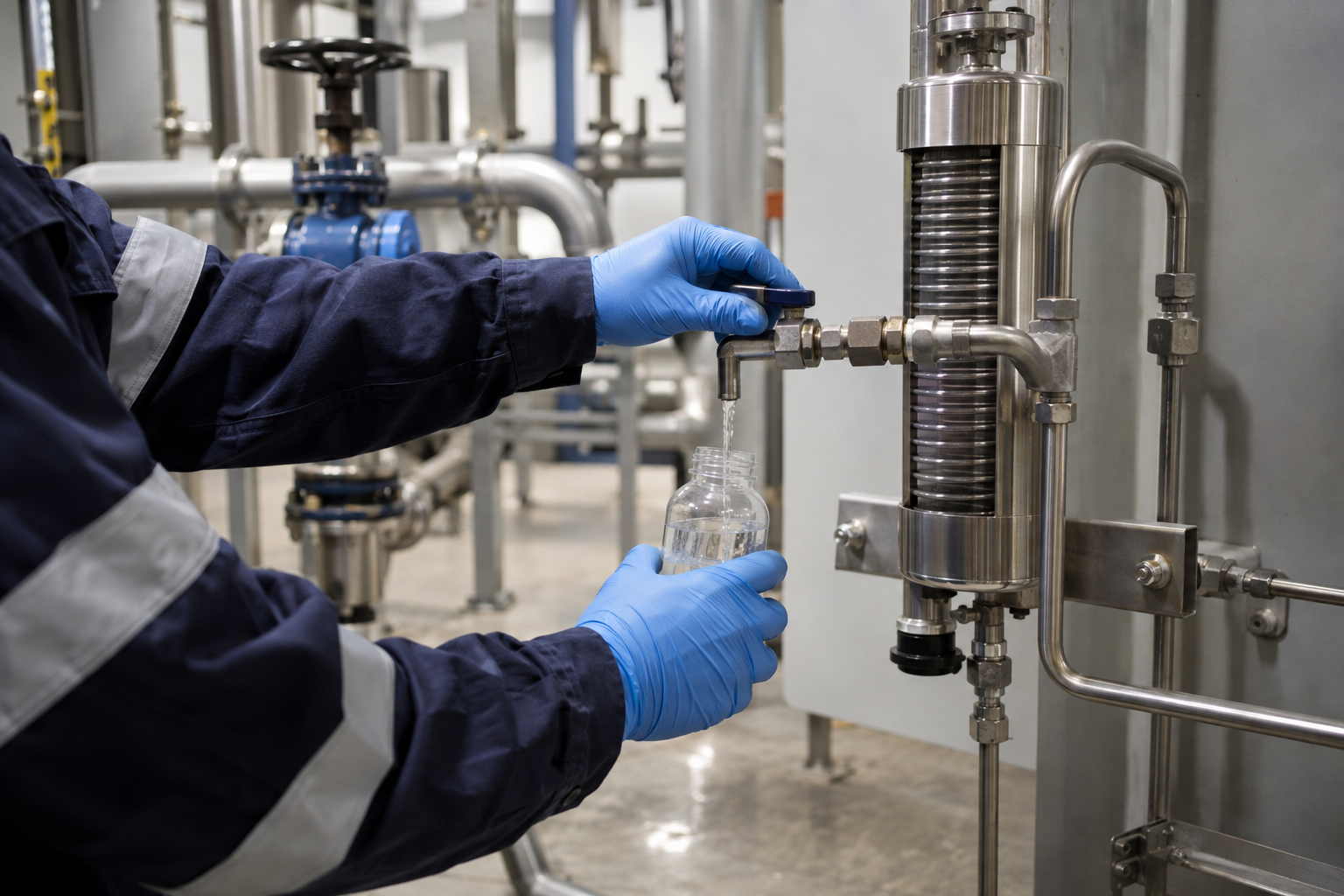 Generic technician collecting a boiler-feedwater sample at a sample cooler