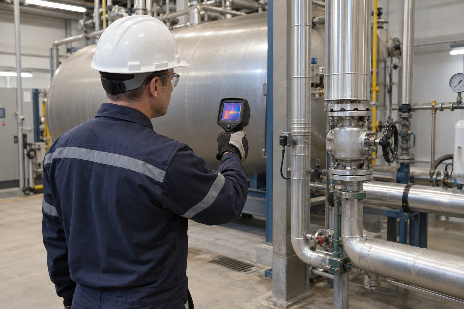 Generic technician observing boiler deaerator vent piping with a thermal instrument