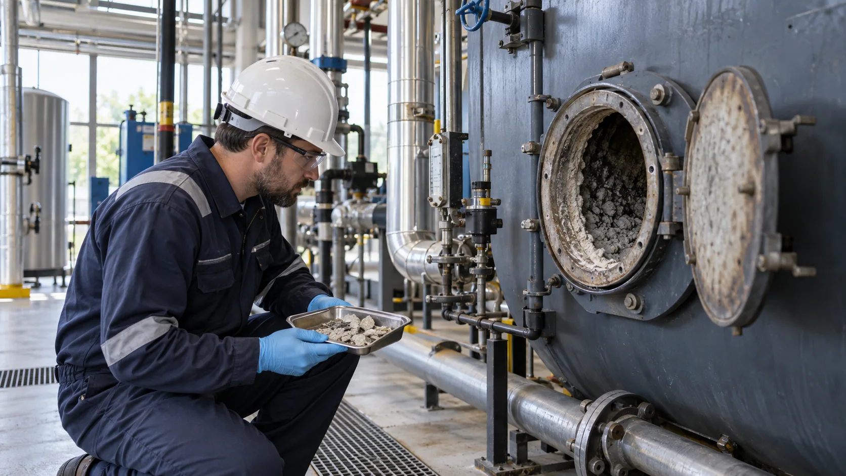 Editorial illustration of an engineer inspecting a boiler waterside opening and a deposit sample