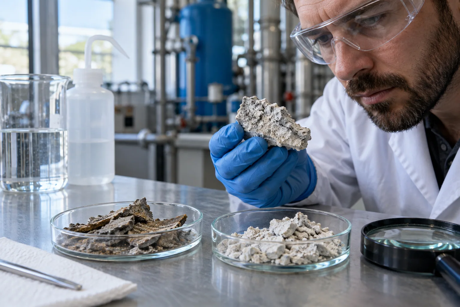 Editorial illustration of contrasting boiler deposit samples examined at an industrial laboratory bench