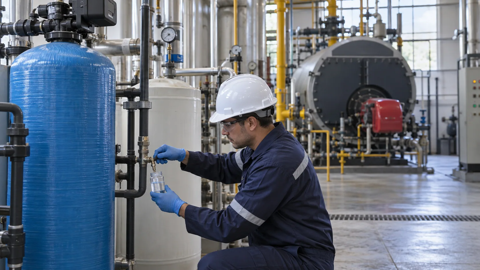 Editorial illustration of boiler feedwater sampling beside a water softener in a steam plant