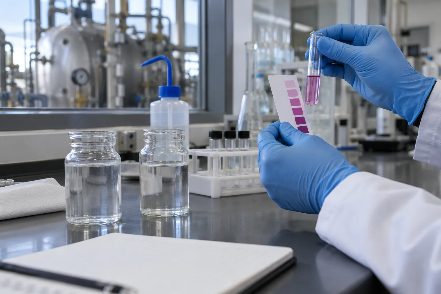 Editorial illustration of a hardness color test with two water samples in an industrial laboratory