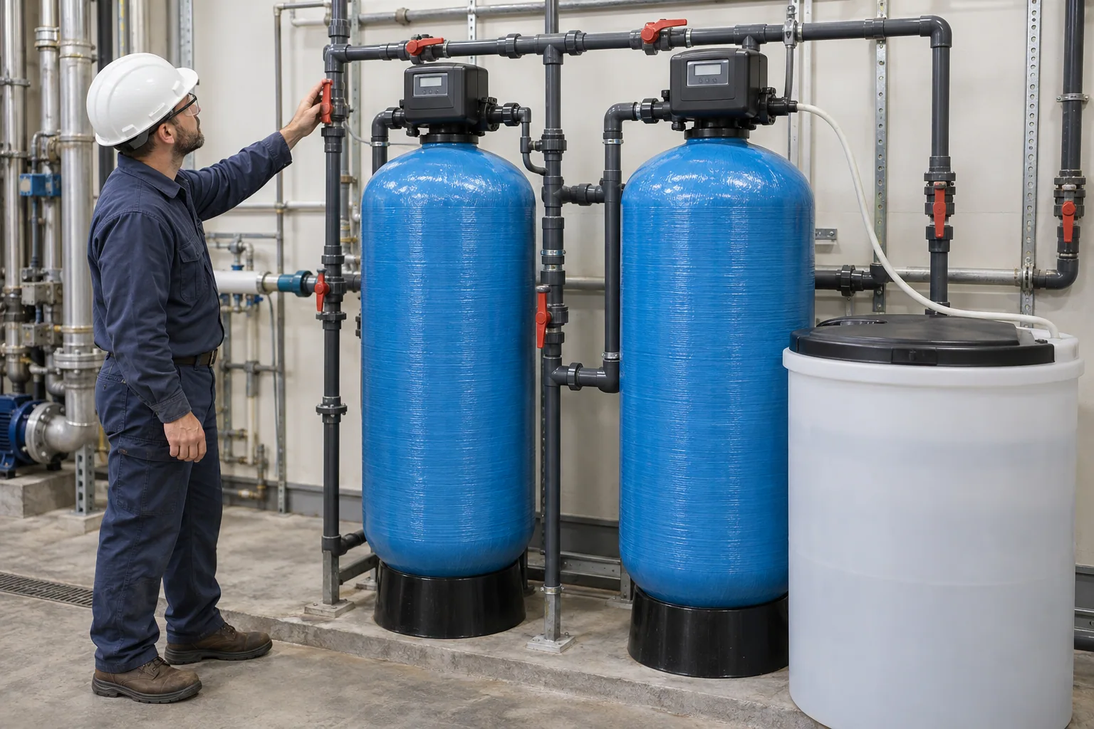 Editorial illustration of twin ion-exchange softeners, valves and a regeneration tank