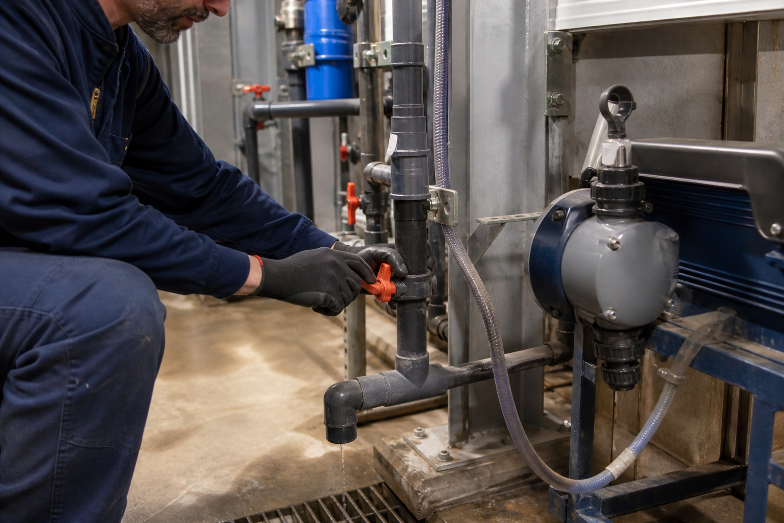 Generic technician inspecting an unbranded cooling-water blowdown valve and feed equipment
