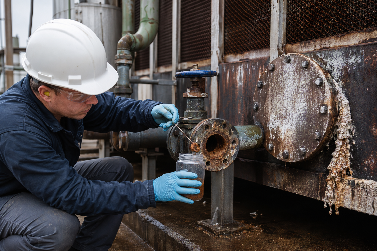 Cooling Tower Deposit Investigation: Iron, Calcium Phosphate and Under-Deposit Corrosion — realistic editorial scene