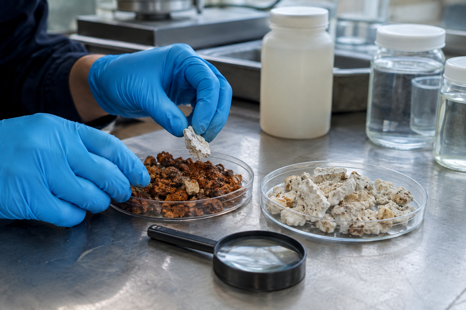 Generic laboratory examination of rust-coloured and off-white cooling-water deposit fragments