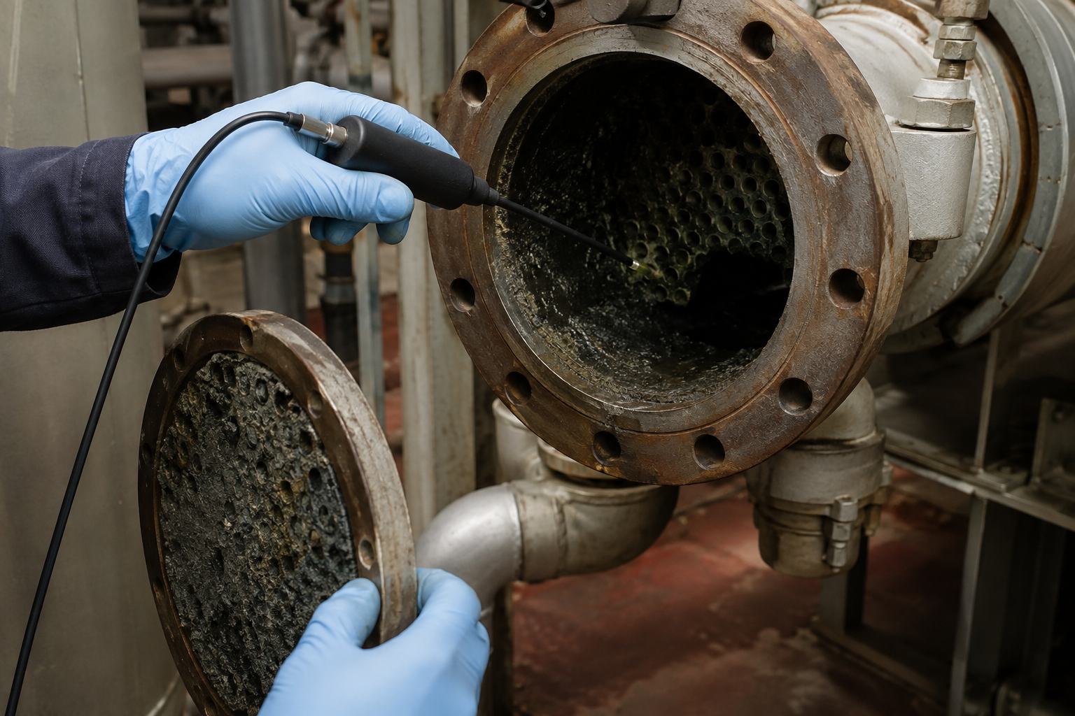 Generic borescope inspection of an opened heat-exchanger water channel with fouling
