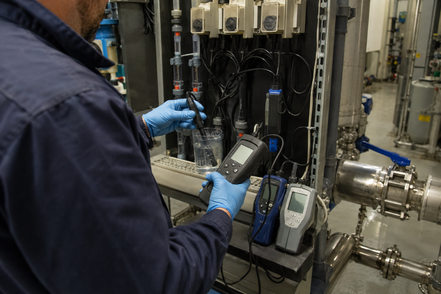 Technician checking unbranded cooling-water chemical-feed equipment and sample meters