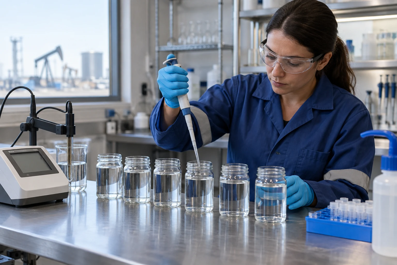 Laboratory technician preparing multiple high-salinity brine compatibility samples