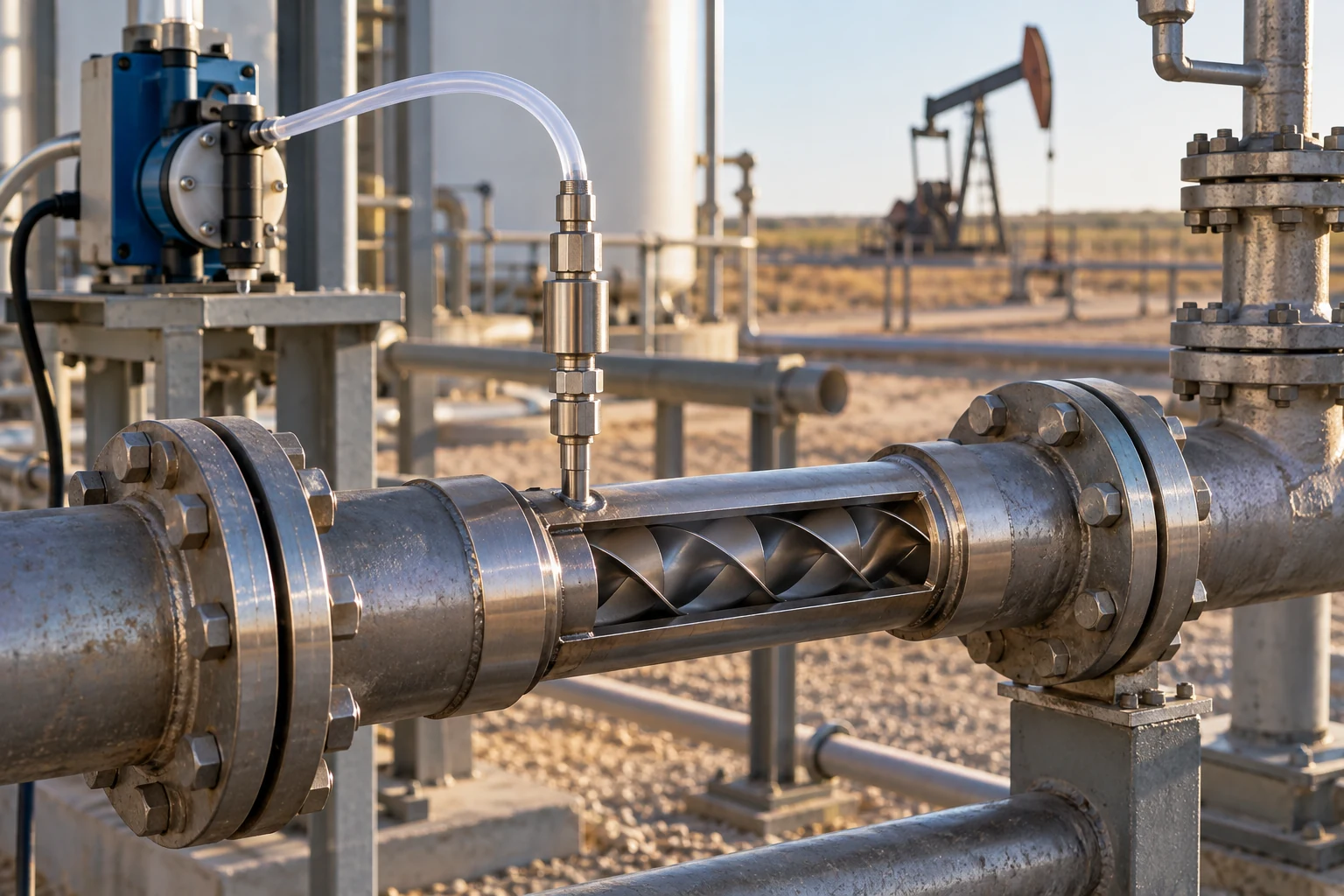 Close view of a chemical injection quill and static mixer on an oilfield water line