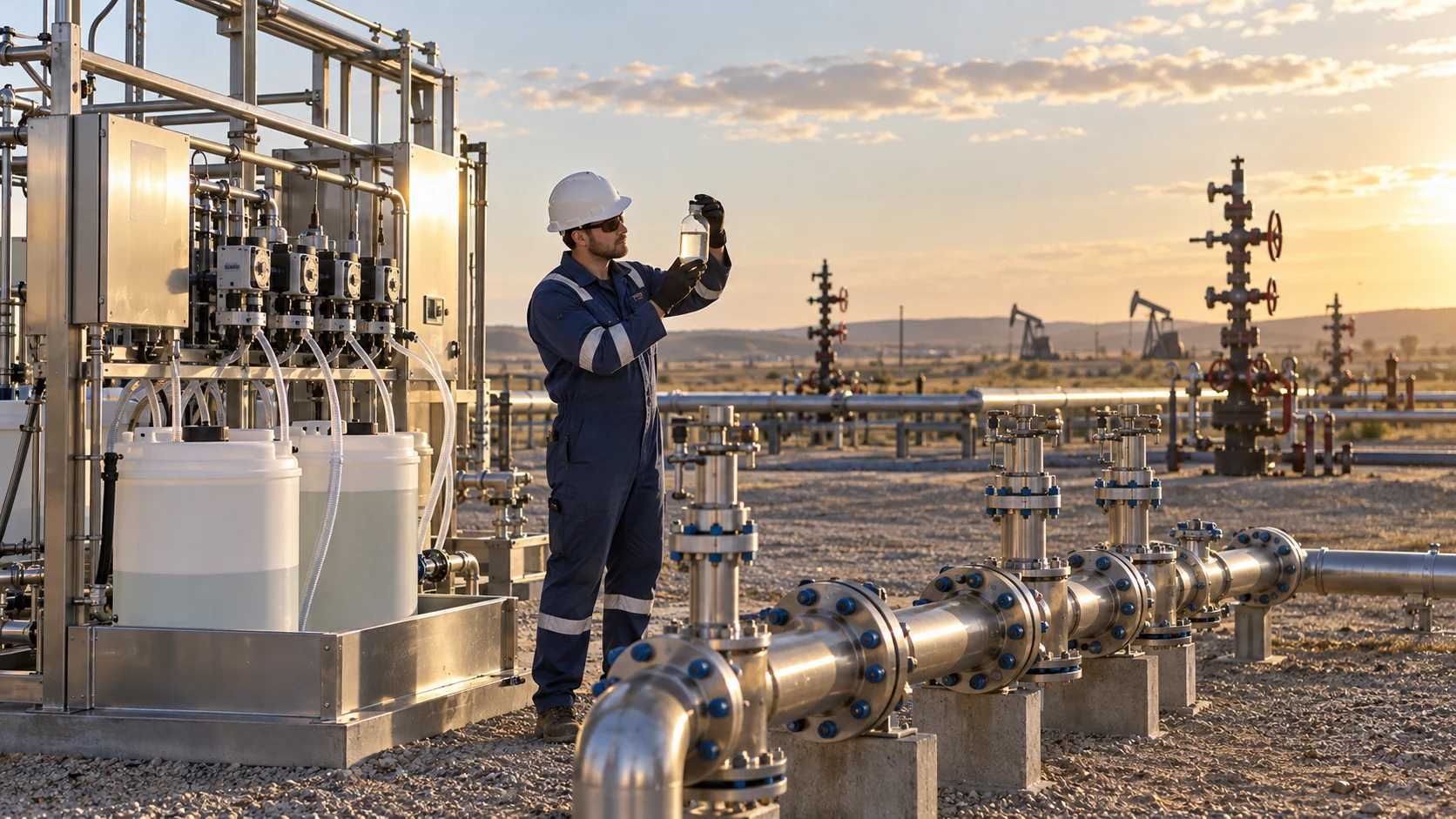 Chemical dosing skid and injection-water pipeline at an oilfield