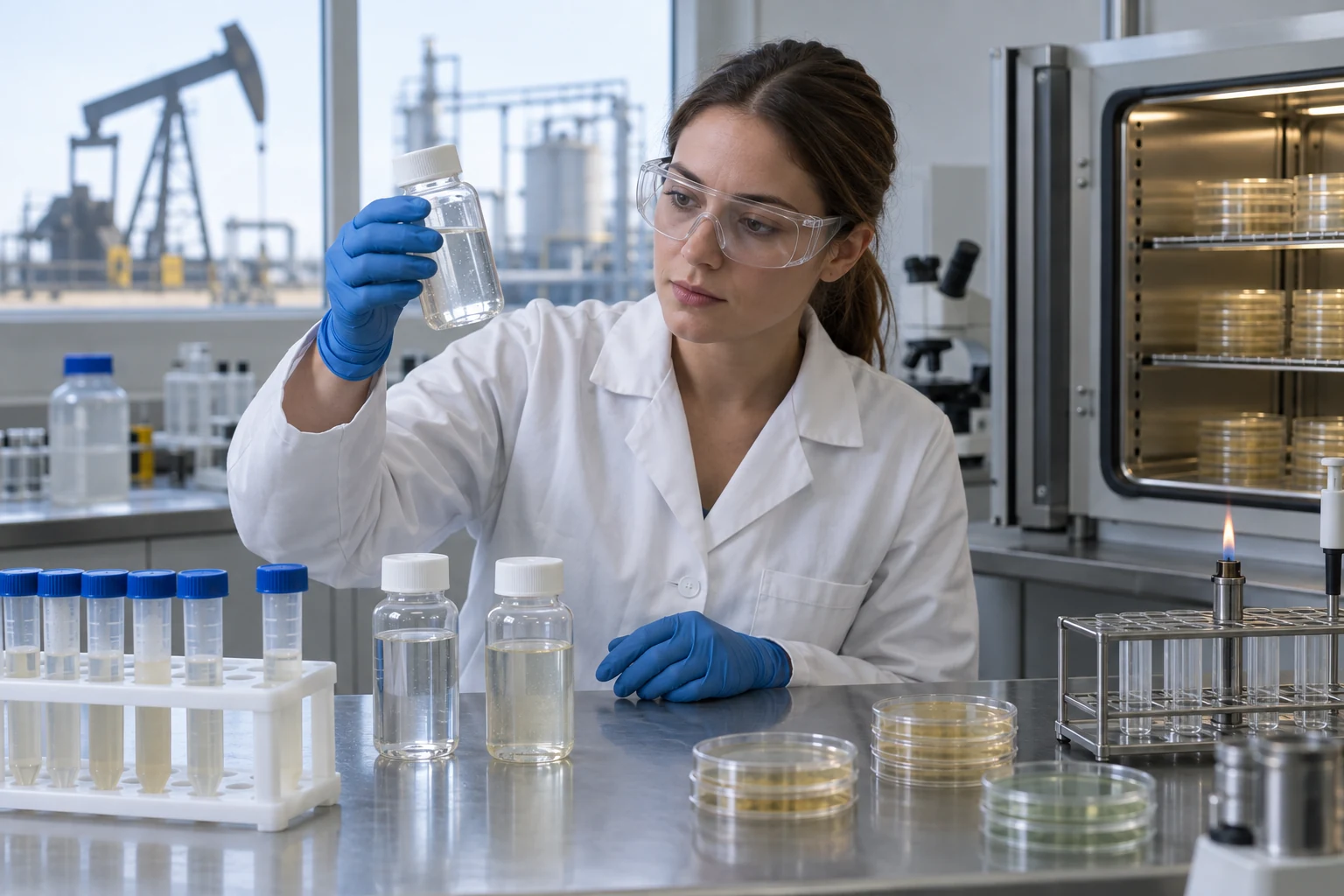 Laboratory technician examining oilfield water samples and microbial test equipment