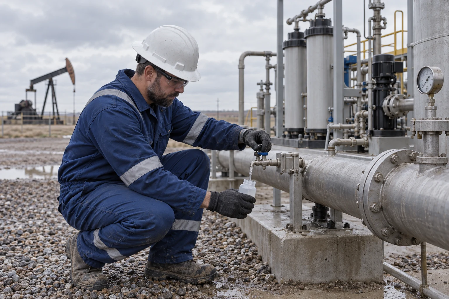 Technician collecting an injection-water sample from an oilfield pipeline