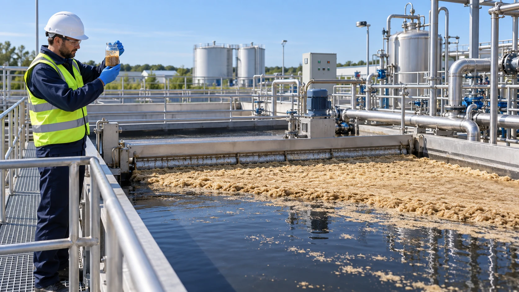 Editorial illustration of an engineer inspecting floated floc at an industrial dissolved-air flotation unit