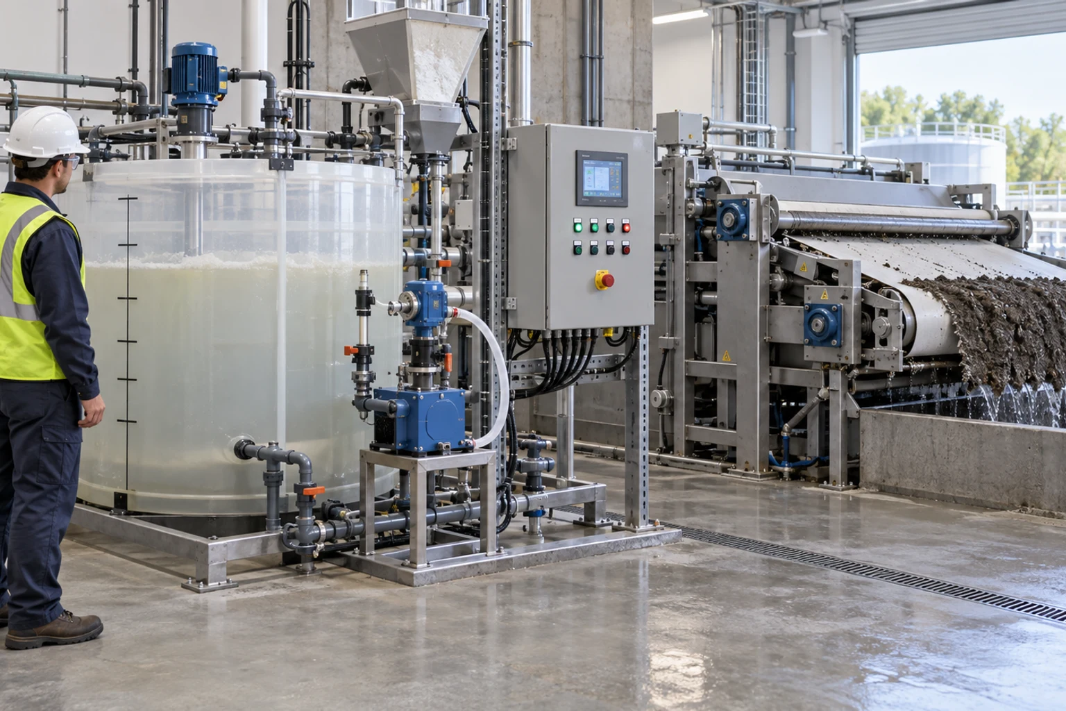 Editorial illustration of a dissolved-air flotation skimmer carrying floated oily floc in an industrial treatment plant