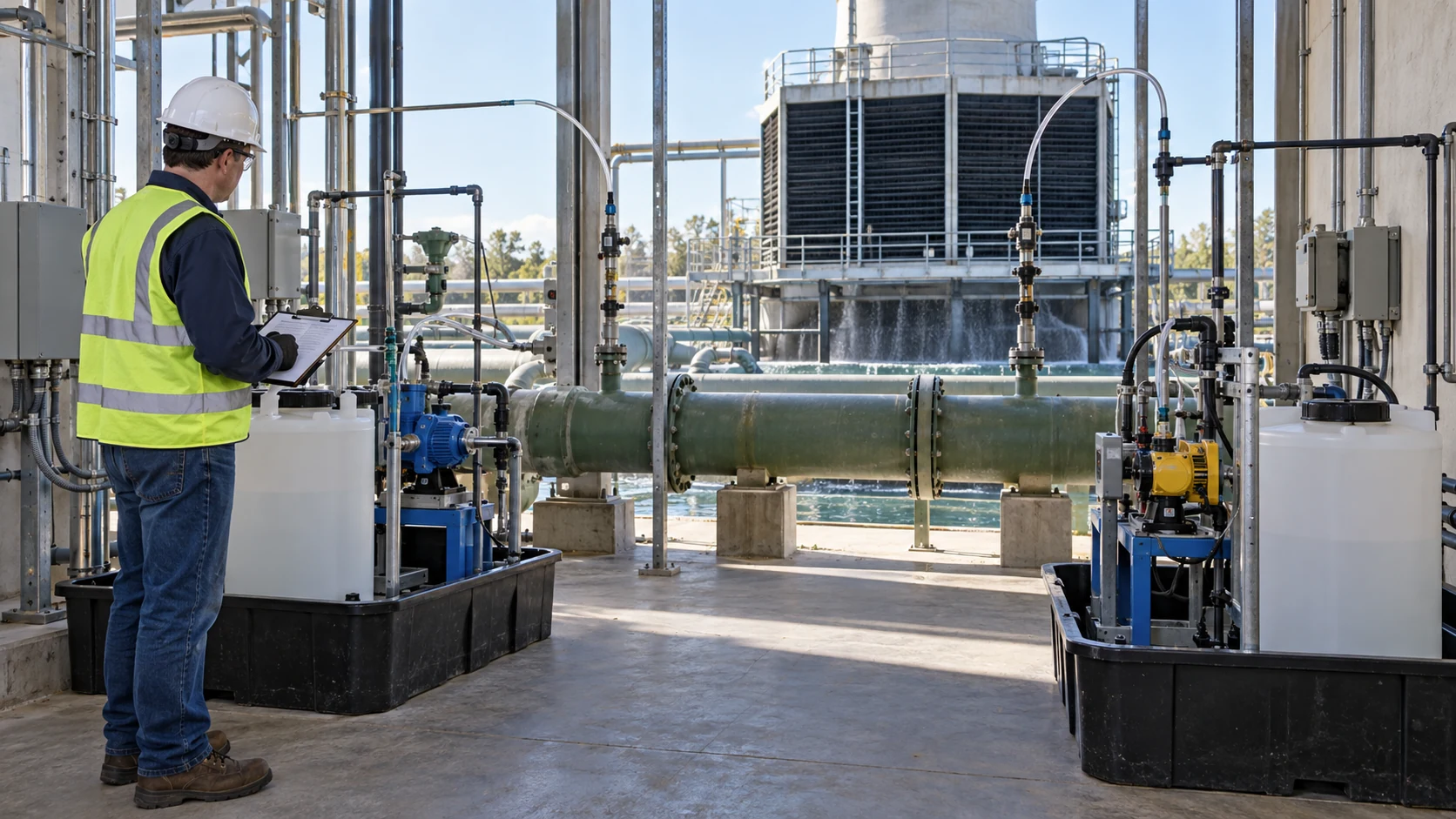 Engineer reviewing separate oxidizing-biocide and inhibitor feed systems at a cooling tower