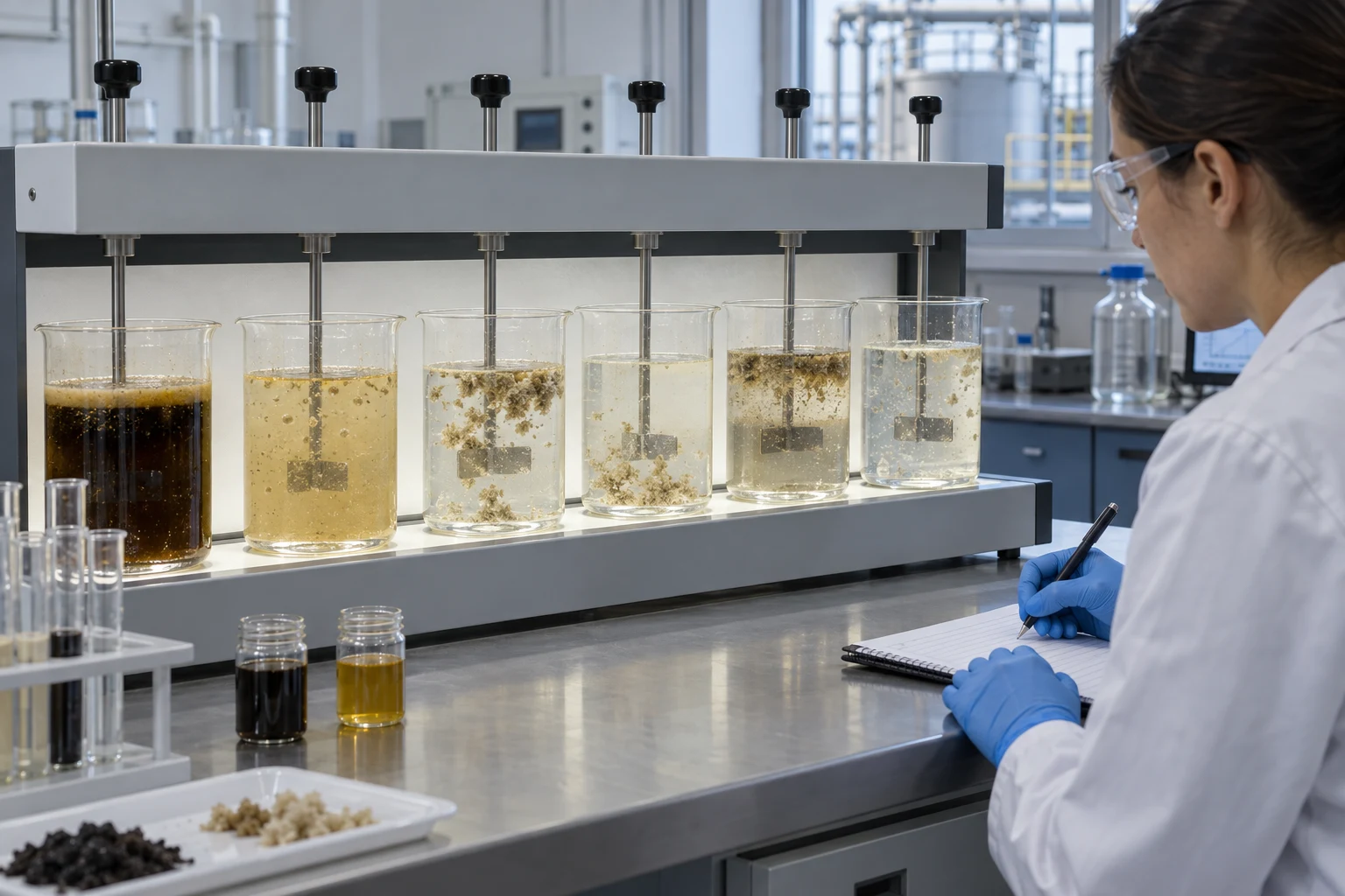 Editorial illustration of an operator checking polymer solution aging in a gently mixed preparation tank