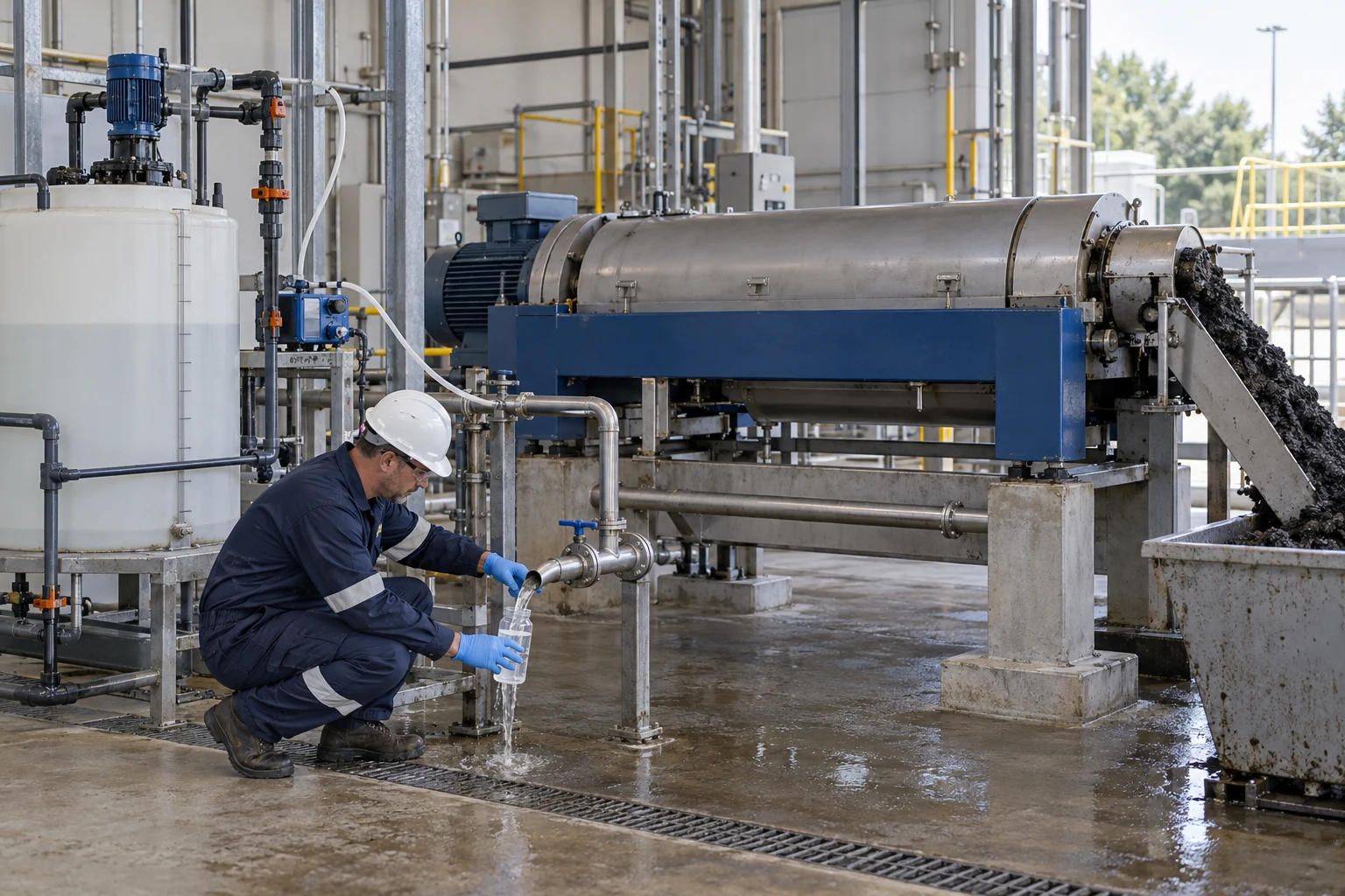 Editorial illustration of polymer feed piping at a sludge-dewatering centrifuge with an operator taking a sample