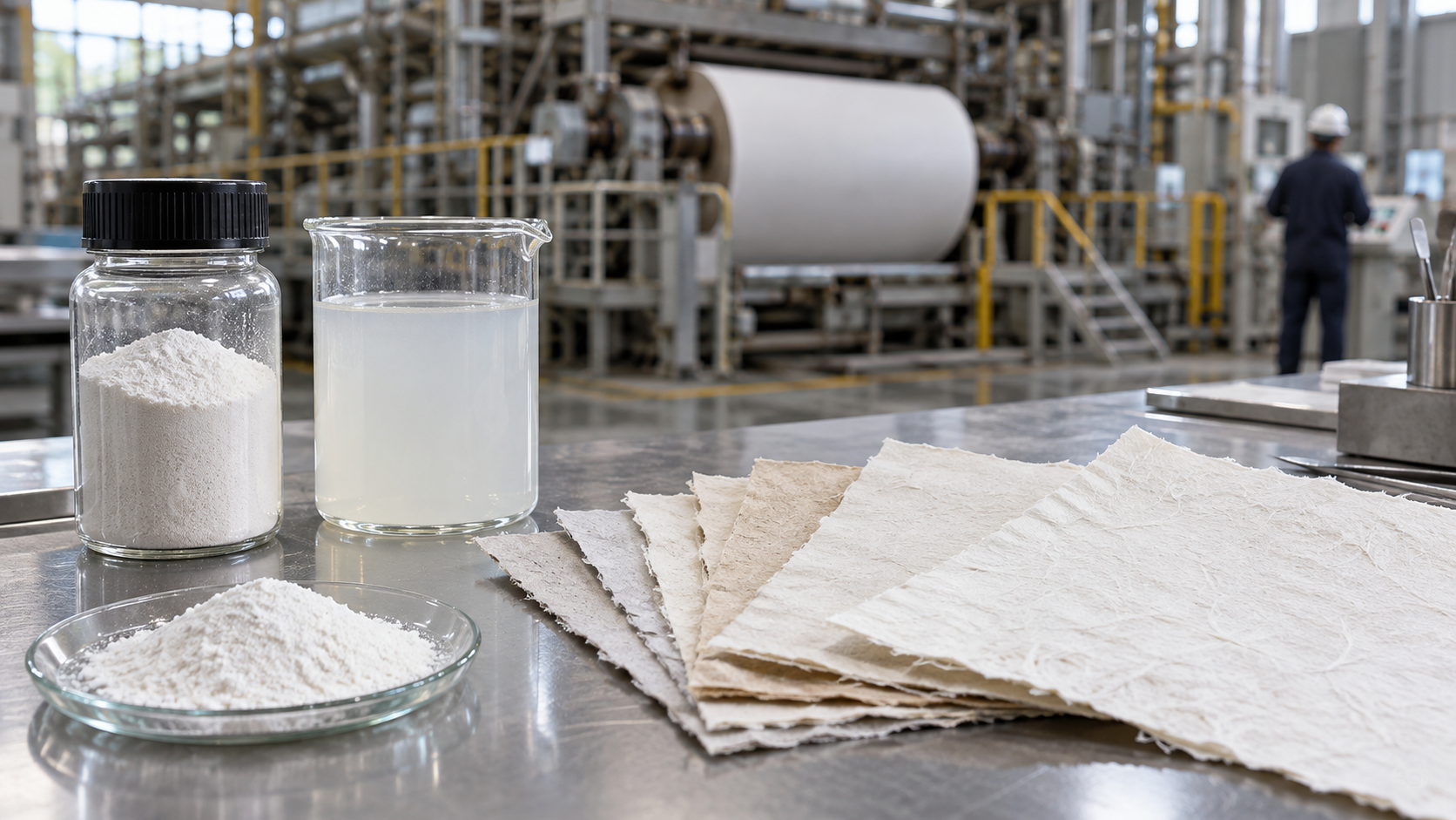 Polymer powder and solution samples beside paper sheets