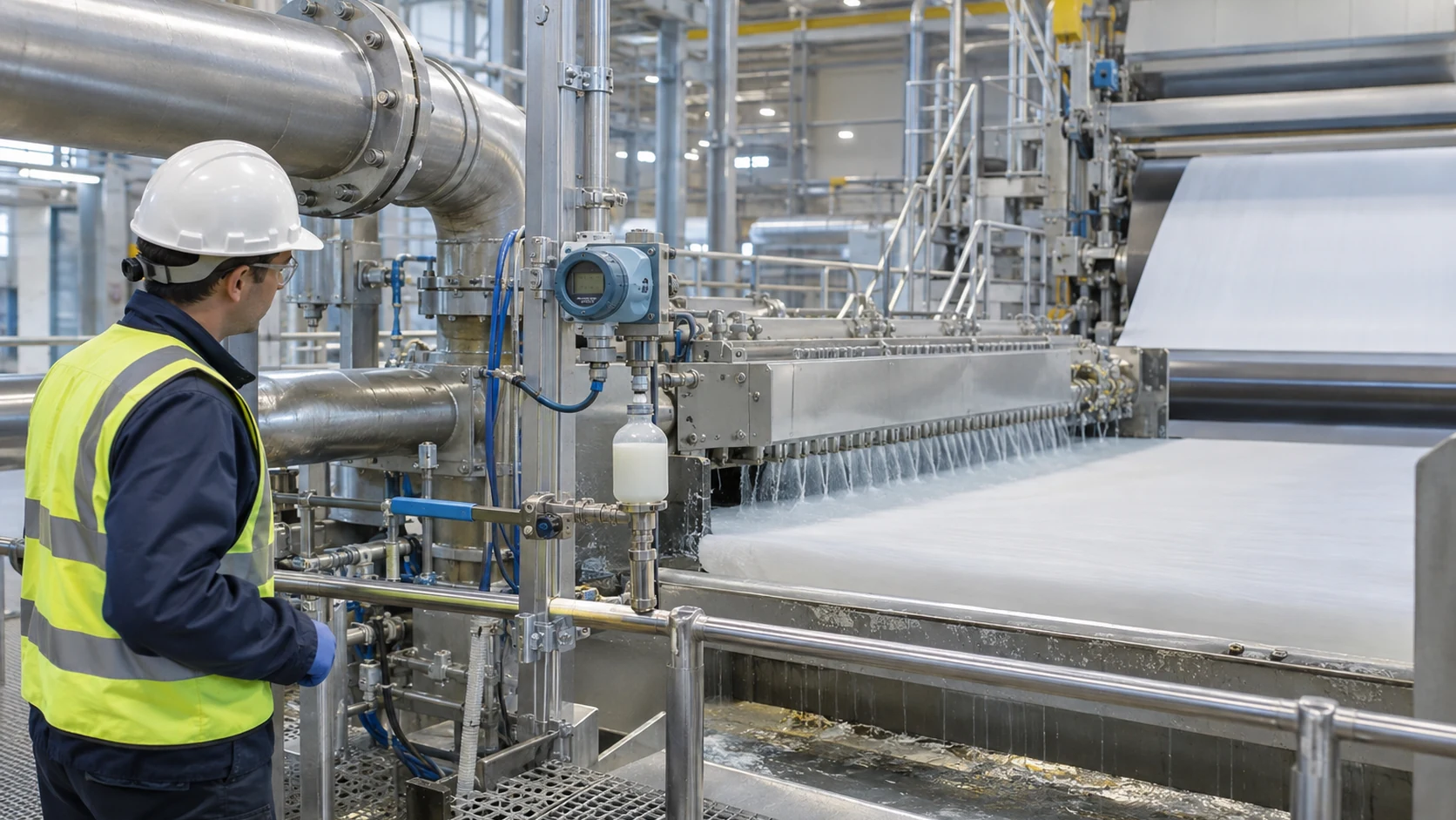 Paper machine wet end with an operator checking a white-water sampling point