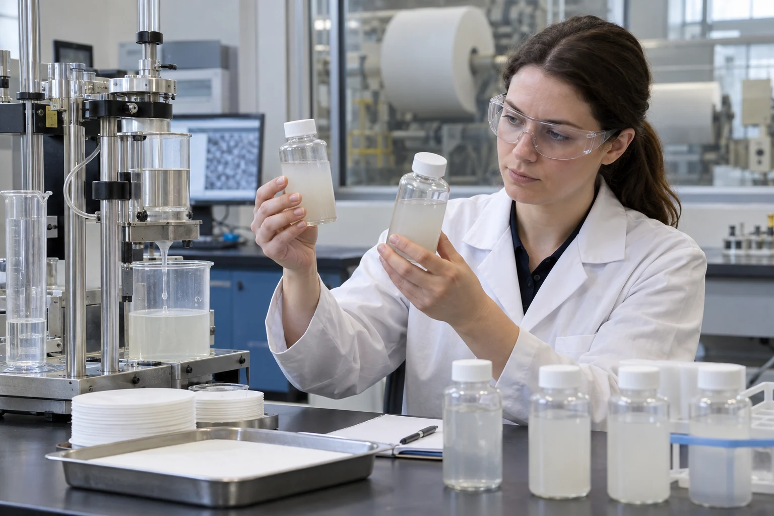 Application engineer comparing white-water samples beside a laboratory retention test unit